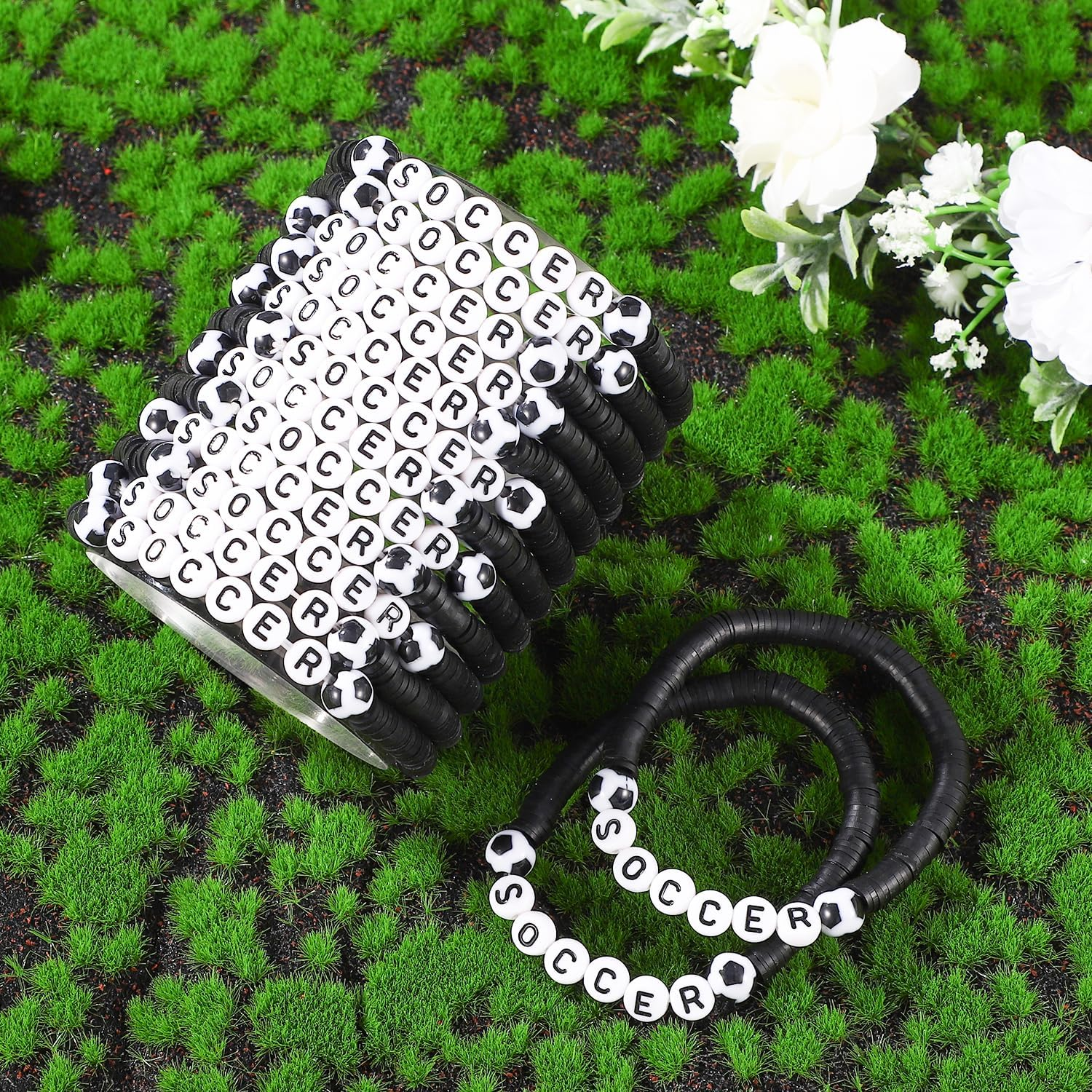 14 Pcs Soccer Bracelets, Soccer Sports Bracelets That Can Be Stacked with Clay Beaded Bracelets Soccer Gifts Party for Teenage Boys Girls, Sredni, Polymer Clay, Acrylic, No Gemstone image number 2