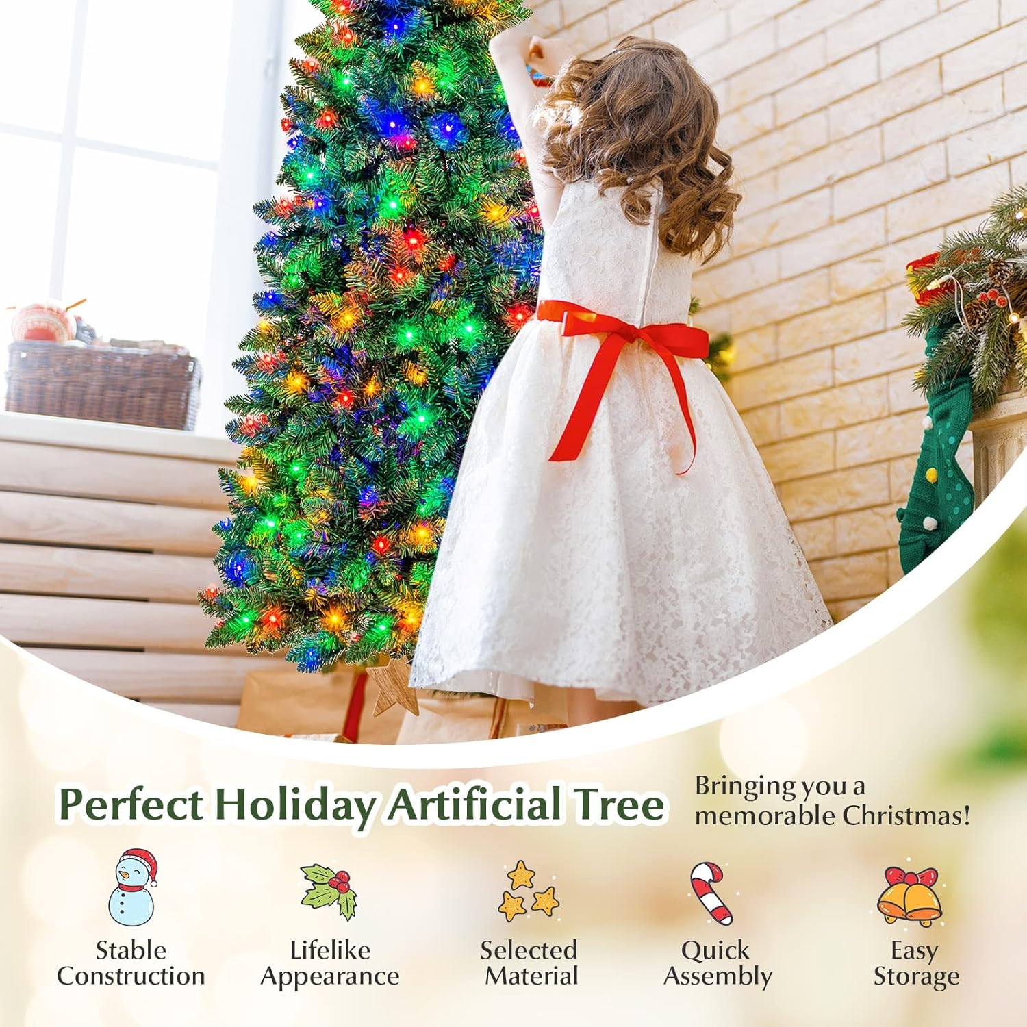 Costway Artificial Pre-Lit Christmas Tree, Hinged Fir, Xmas Pencil Tree with Foldable Metal Stand & Superior PVC Leaves, Easy Assembly, Christmas Decoration for Indoor (1.98 M) image number 3