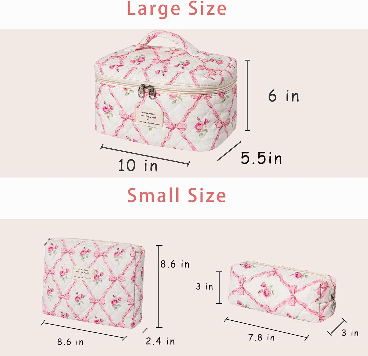 Large Quilted Makeup Bag for Women and Girls, Cute Coquette Floral Cotton Cosmetic Bag, Aesthetic Travel Organized Toiletry Bags, 3Pcs Pink Bows - 01Pink Bows image number 5