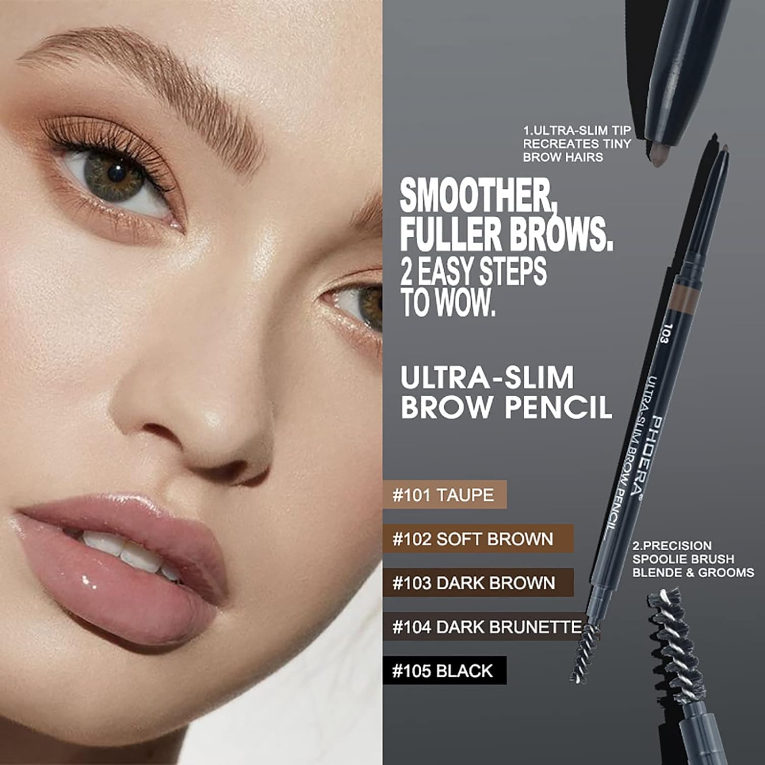 PHOERA Eyebrow Pencil - Natural Look, Black, Easy to Use, Long-Lasting, Waterproof, Precise Application, Vegan & Cruelty-Free (2PC 105, 0.16G) image number 1
