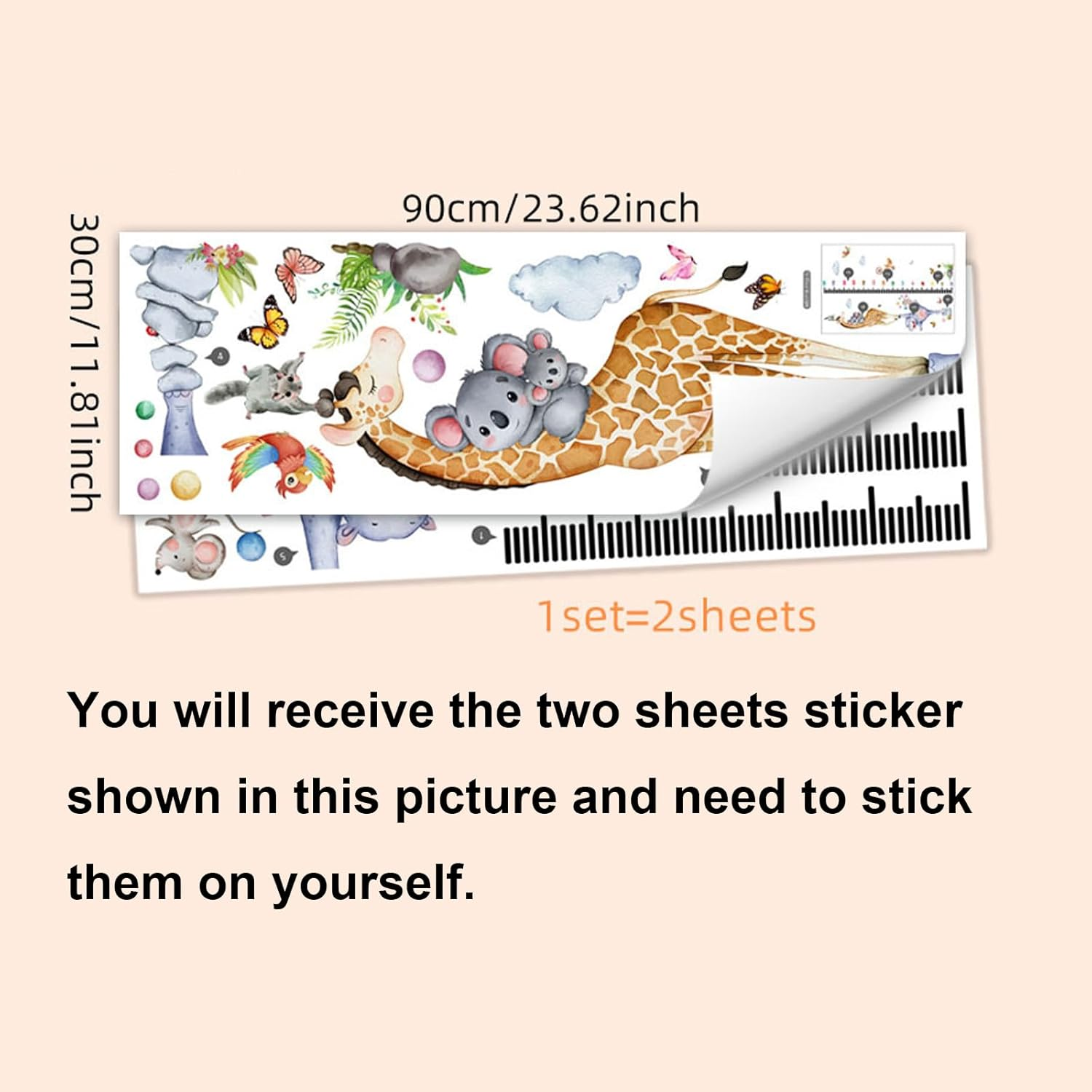 Giraffe Kids Height Wall Chart Animals Growth Chart Wall Decal, Peel & Stick Nursery Wall Decals for Baby Bedroom, Toddler Playroom