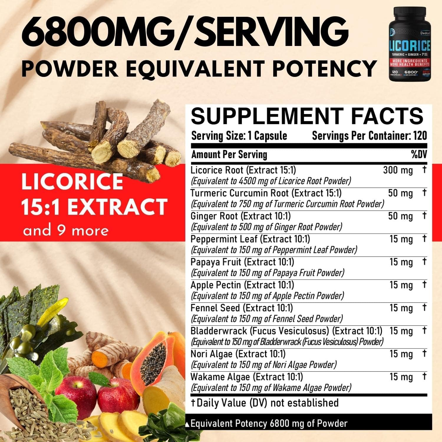 Licorice Extract Capsules - Equivalent to 6800 Mg of 10 Herbs with Turmeric, Ginger, Peppermint Leaf & Others - Support Digestion, Immune & Body Health - 4 Months Supply - Non-Gmo, Gluten Free image number 2