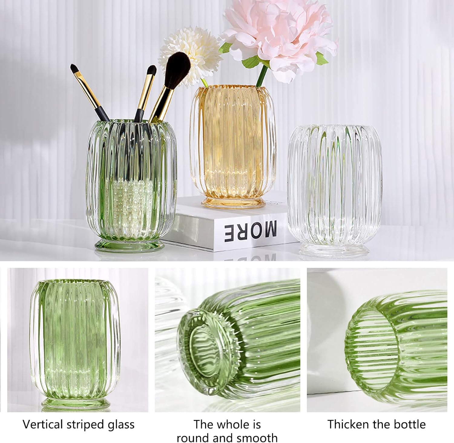 DASITON Makeup Brush Holder Organizer,Crystal Cosmetic Makeup Brush Glass Brushes Storage Holder,Vintage Make up Brush Cup Striped Vase(Green)