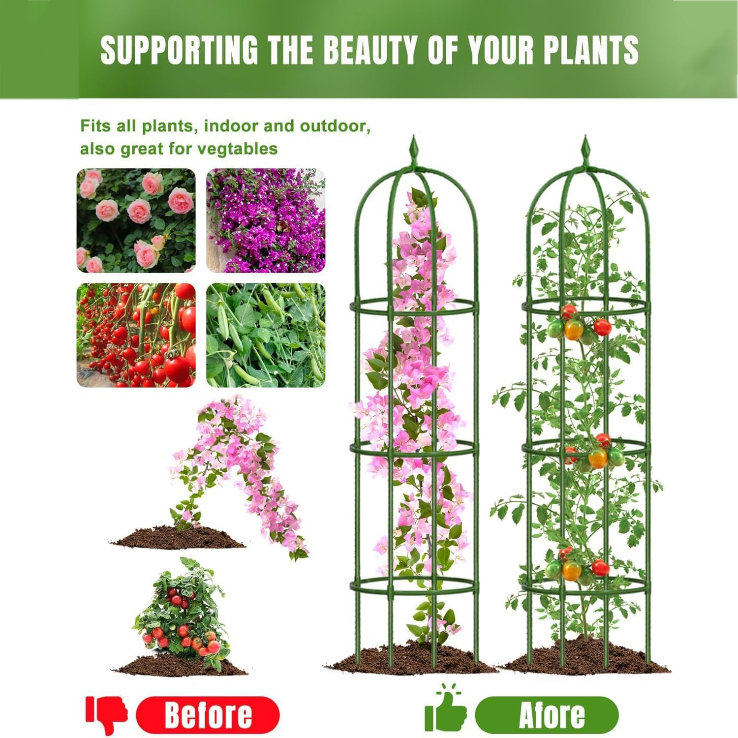 Ilamshar190Cm Garden Obelisk Trellis, 100% Metal, 6.3Ft, for Climbing Plants, Rose Bush round Trellis, Clematis Vines, Black Green Lightweight Plant Tower, for Indoor and Outdoor Use(1 Pack) image number 2