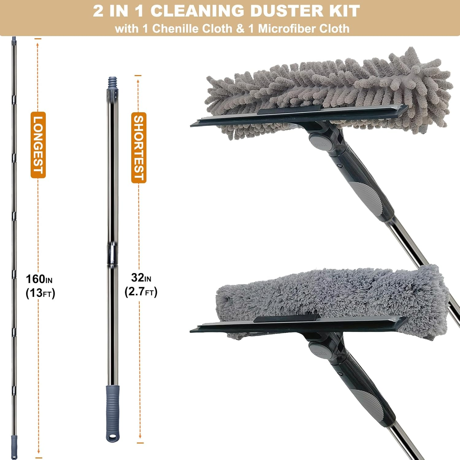 20+ Feet Reach 2 in 1 Window Washing Squeegee & Duster with 3-14 Ft Detachable Extension Pole // Window Cleaning Tool & Window Washer Squeegee for Home Indoor Outdoor Window Washing (Grey) image number 4