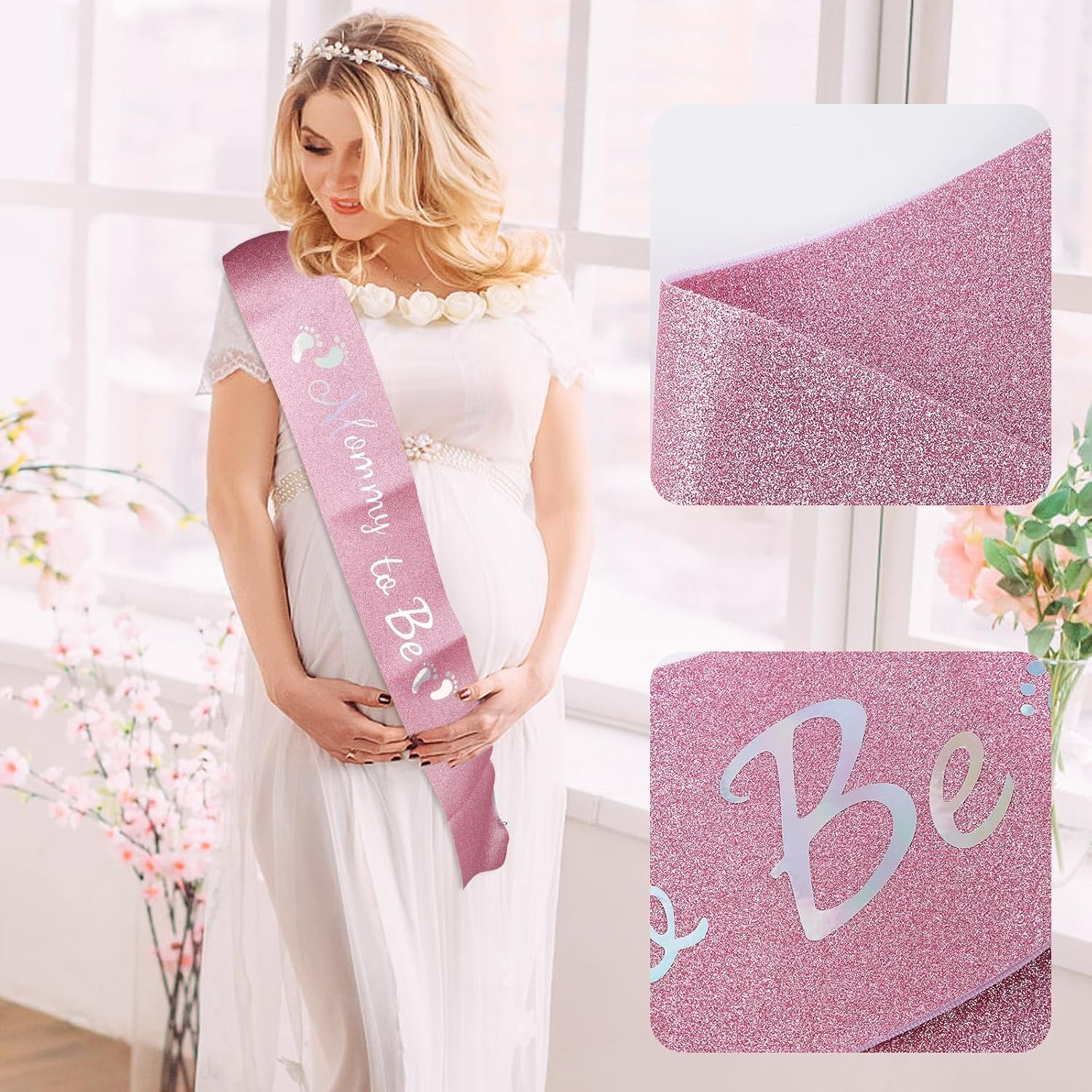 Mother to Be Party Decorations, Mother to Be Sash Hairband Pin Kit Pink Gentle Baby Shower Sash for Mommy Glittering Sash Rhinestone Mother to Be Hairband Pin for Baby Shower image number 5