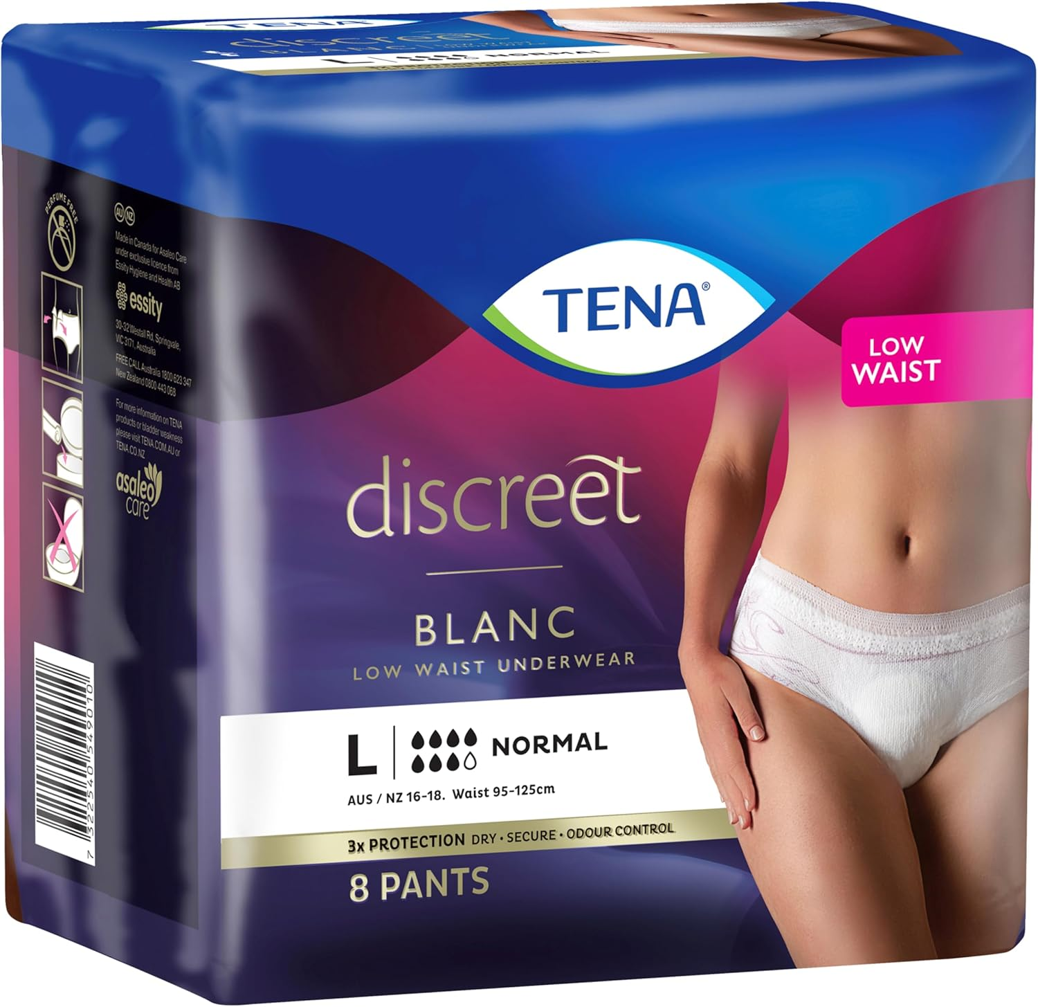 TENA Women Discreet Low Waist Incontinence Underwear, Blanc, Large, Pack of 8 image number 3