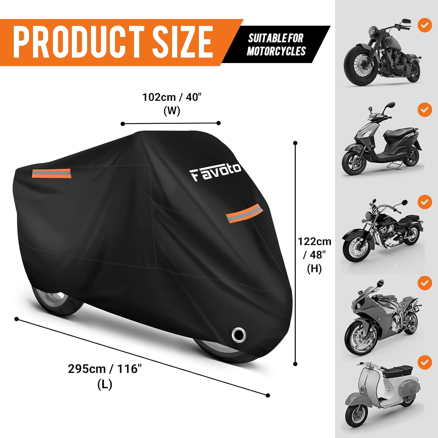 Favoto Waterproof Motorbike Cover Outdoor Motorcycle Cover 210T Oxford UV Scratch Heat-Resistant All Season Protection with Night Reflector Lock-Holes for Moped Cycle 295 X 105 X 125 Cm