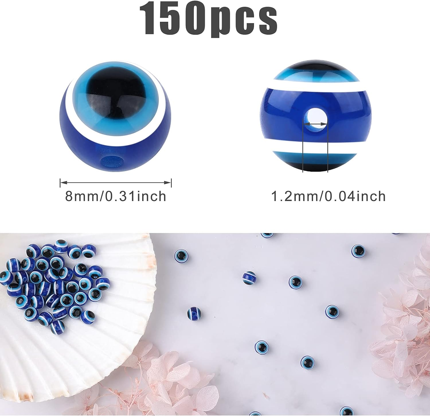 SAVITA 150Pcs Blue Evil Eye Beads Eyeball Spacer Beads Handmade Resin Beads Charms for DIY Bracelets Necklace Jewelry Making (8Mm/0.3Inch)