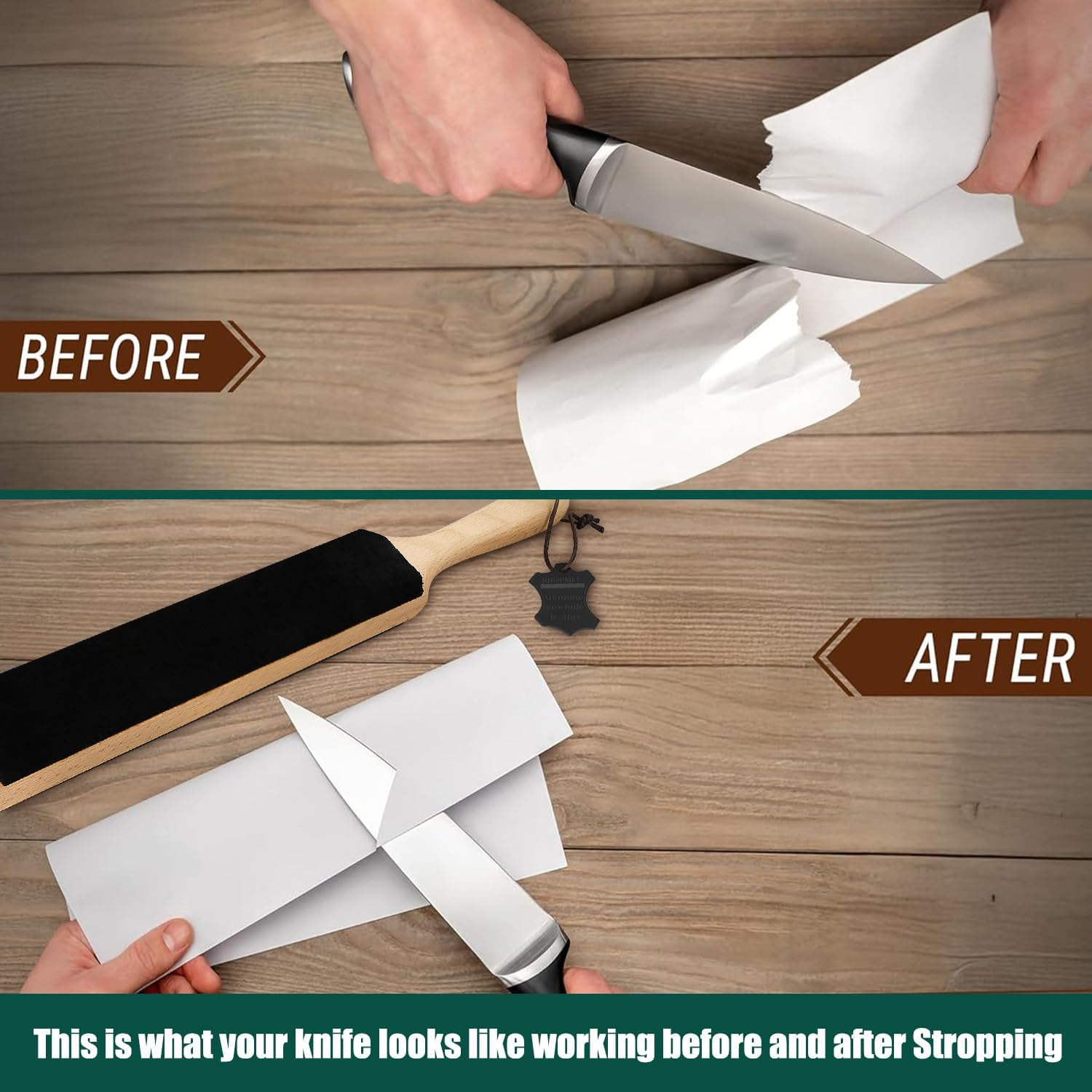 Necomi Double-Sided Leather Strop (Genuine Cowhide)- 14.6 ''X 2'' Sharpening Block Set with Polish & Clip, Stropping Leather Knife Sharpener with Ergonomic Handle, Stropping Kit image number 6