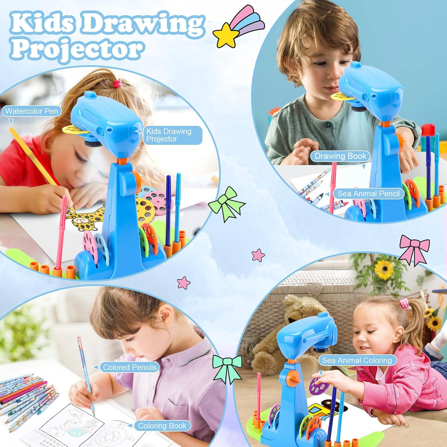 Hoarosall Drawing Projector for Kids, Art and Craft Kit, Toys for Boys Aged 3+, Drawing Supplies, Including Colored Pencils, Crayons, Coloring Books, for 3+ Year Old Boys (Blue) image number 2