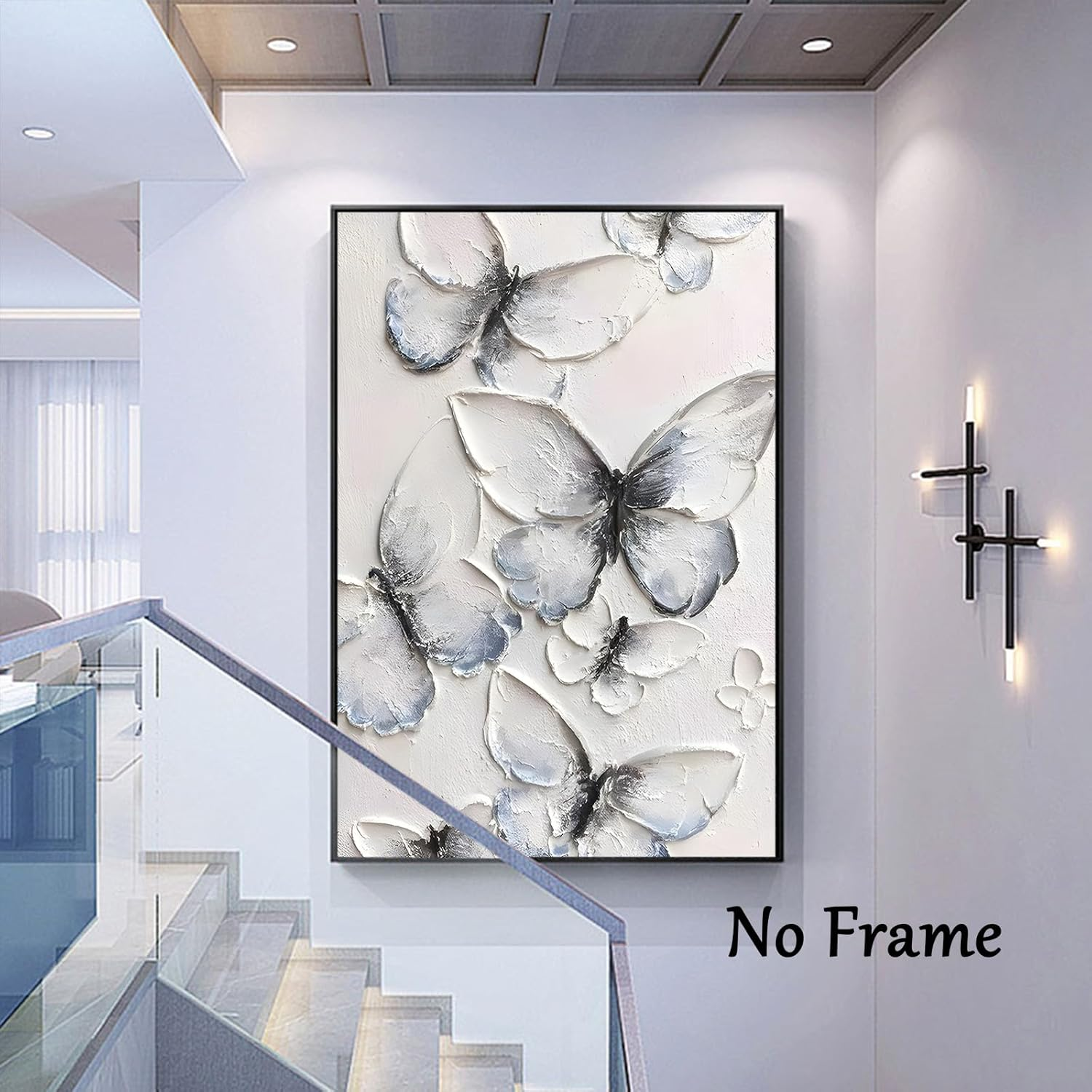 Blue Butterfly Canvas Wall Art Abstract Texture Painting White Butterfly Picture Black Texture Poster Modern Butterfly Canvas Modern Texture Prints Abstract Butterfly Artwork Decor 16X24Inch No Frame - White Texture1 image number 2