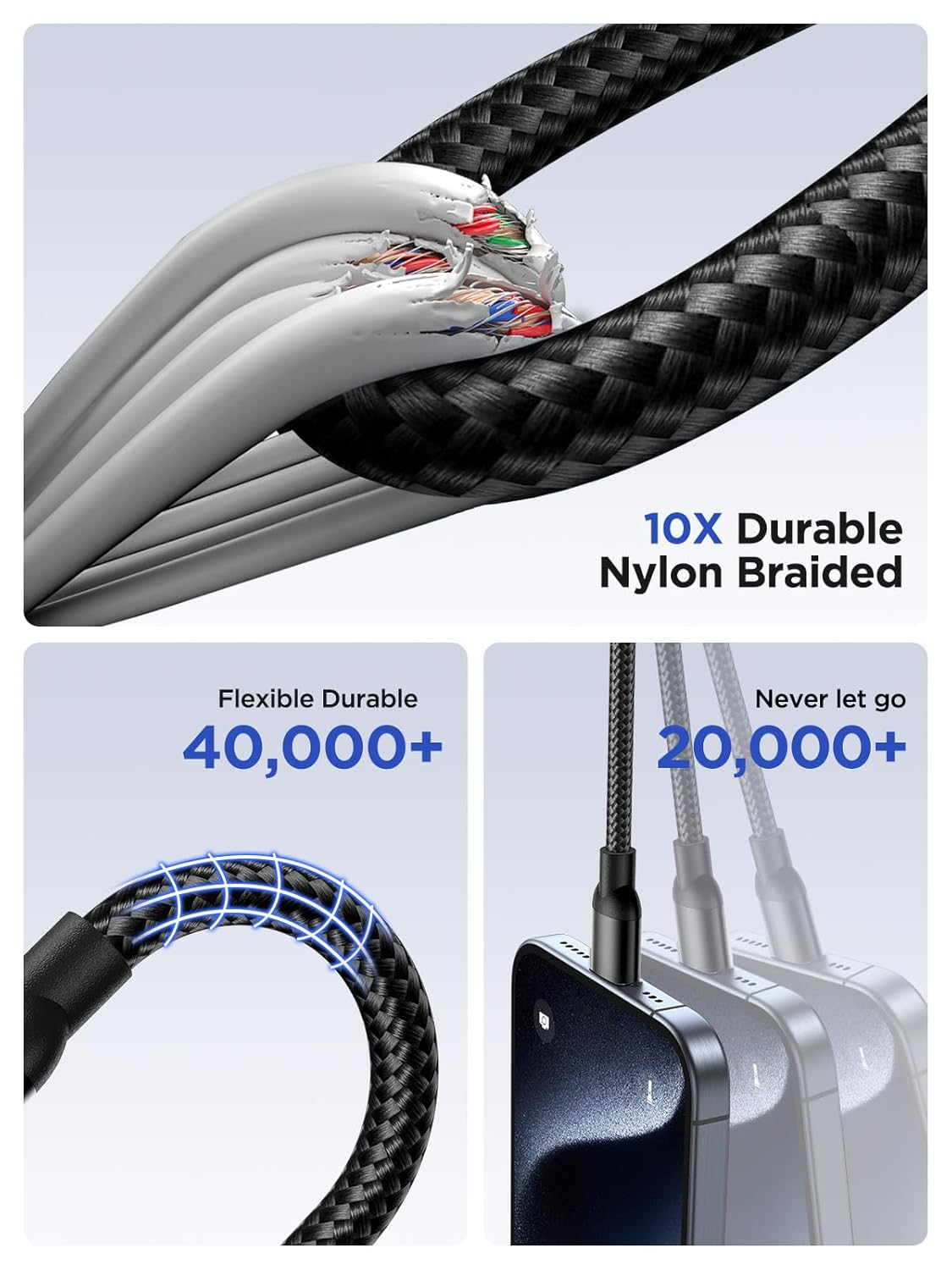 Aioneus 3 in 1 Charging Cable, Multi Charging Cable 1.2M USB C Cable 3-In-1 USB Fast Charging Cable with Type-C, Micro USB and Lightning Cable Compatible with Iphone, Galaxy, Ipad, Tablets, Huawei