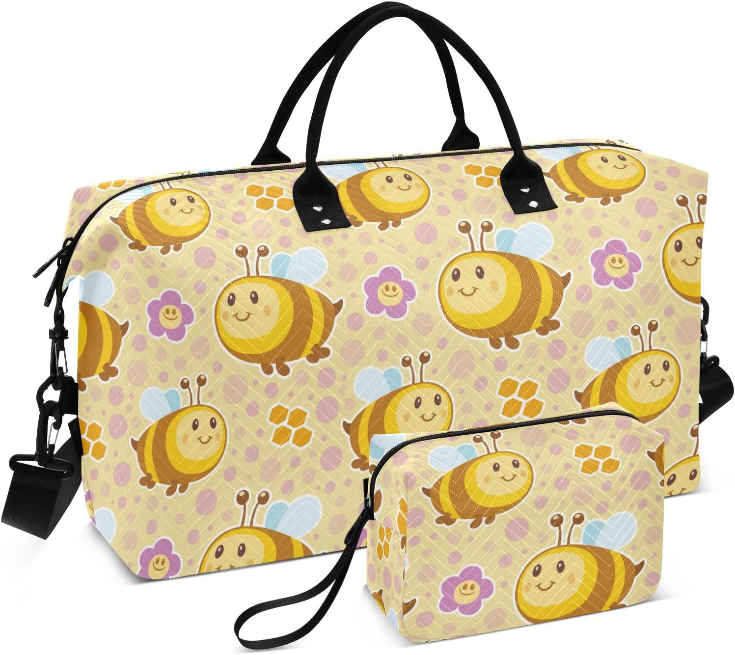 Travel Hand Bag Travel Weekender Gear Bag Cute Bees Happy Good Luck and Flowers Yellow Sport Training Bag With, Cute Bees Happy Good Luck and Flowers Yellow, Set of 2, Art Deco image number 6