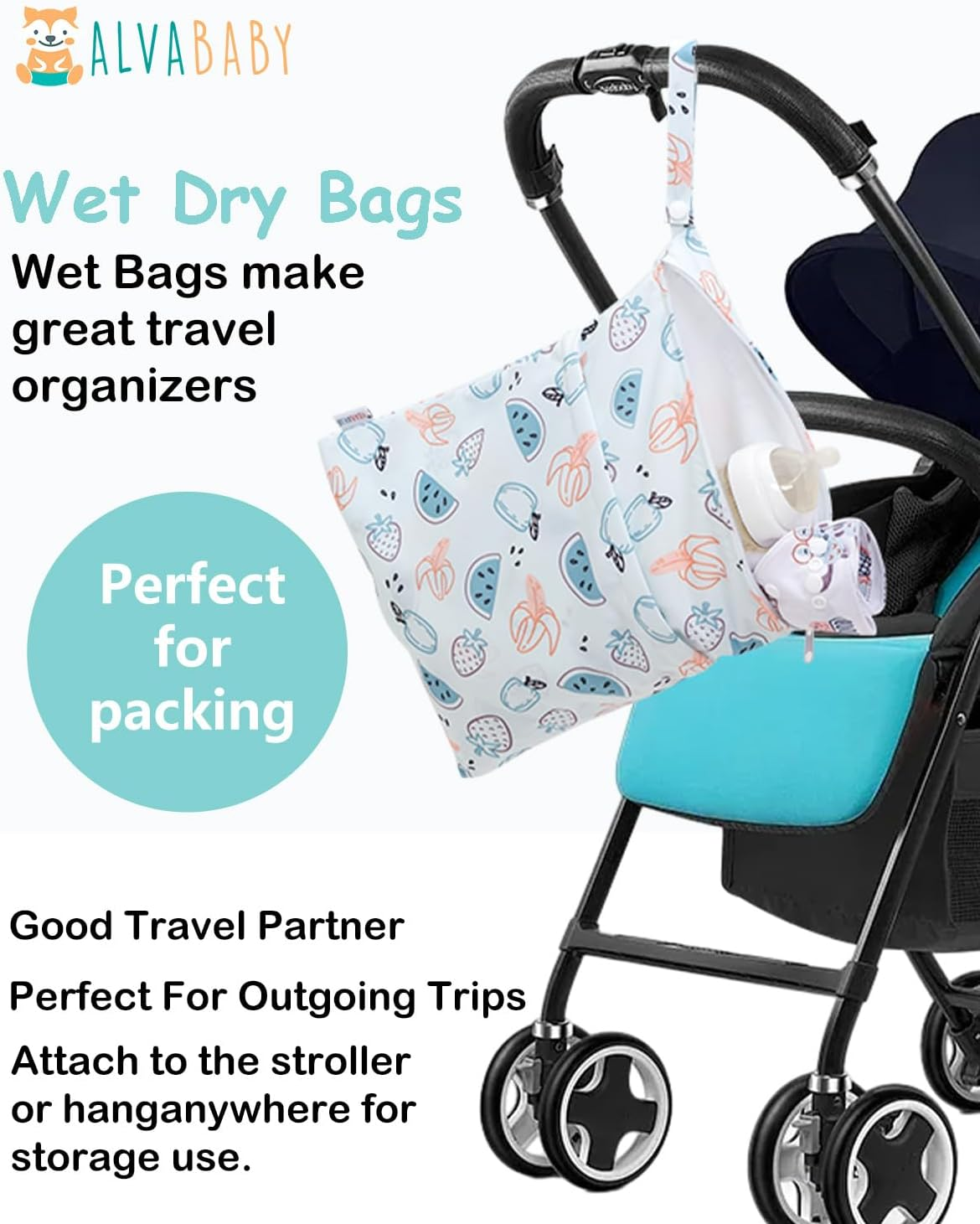 ALVABABY 3 Cloth Diaper Wet Dry Bags Waterproof Reusable with Two Zippered Pockets Travel Beach Pool Daycare Soiled Baby Items Yoga Gym Bag for Swimsuits or Wet Clothes Small Medium Large 3L-ZM29-AU image number 4