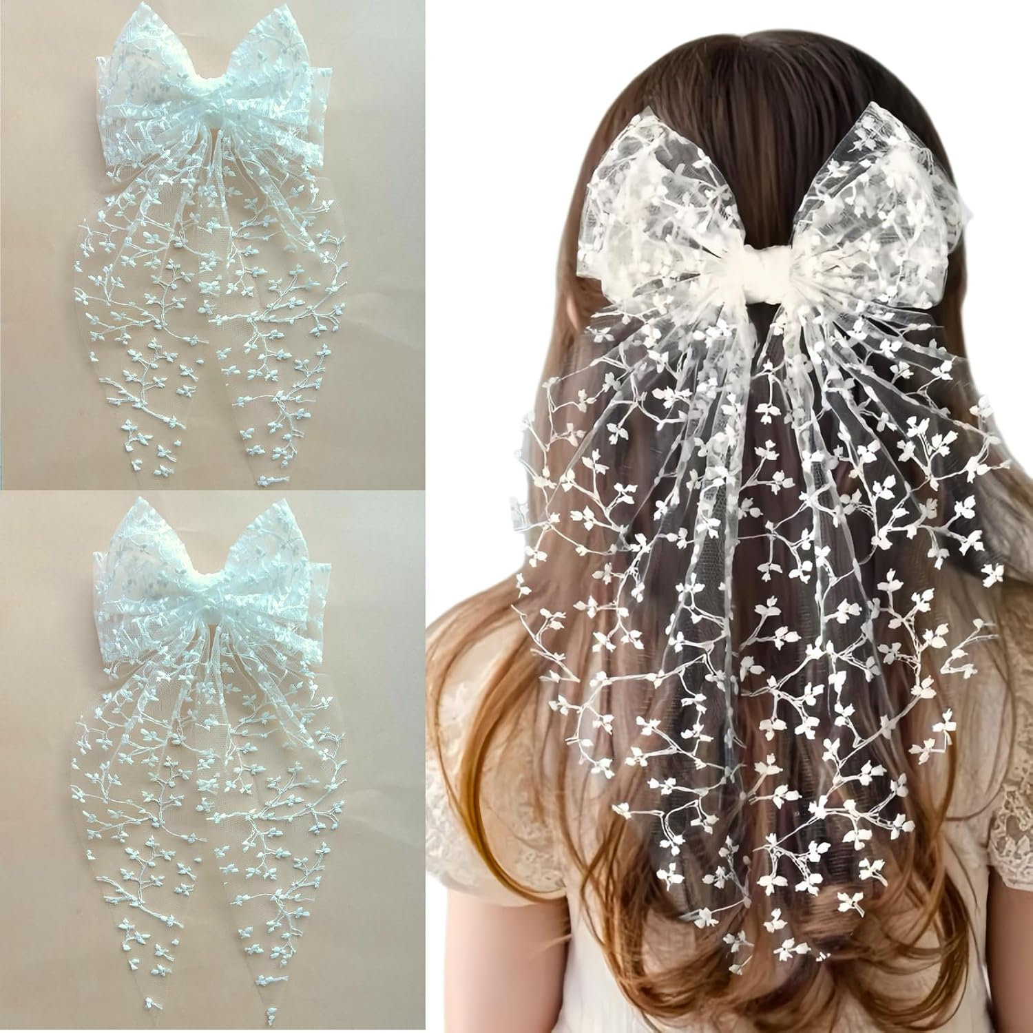 Ypkia Pack of 2 Lace Hair Bow White with Long Tail Hair Clips Women'S French Hair Clip Bow Hair Accessories for Women Girls image number 5