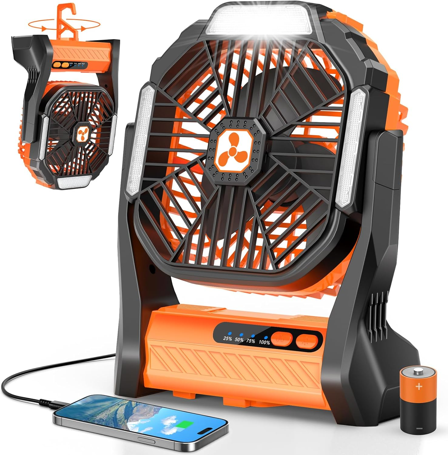 PDBEST Portable Rechargeable Fan, 20000Mah Cordless Rechargeable Battery Powered Camping Tent Fans with Sos & Led Lantern, 4 Speeds, Usb Desk Fan for Travel, Camping, Fishing, Indoor Orange