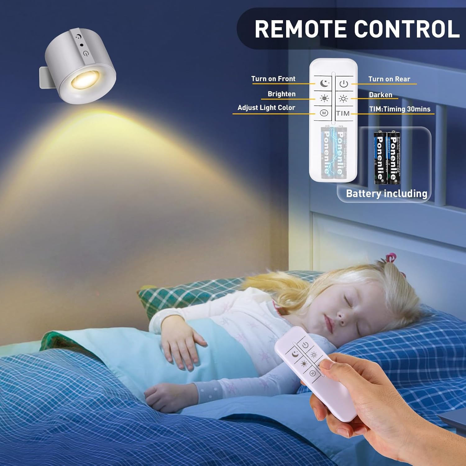 Roshin 2 Pack LED Wall Lights with USB Port - Battery Operated Wall Lights with 3 Color Temperatures & 3 Brightness - 360&deg; Illumination Night Light for Bedroom image number 5