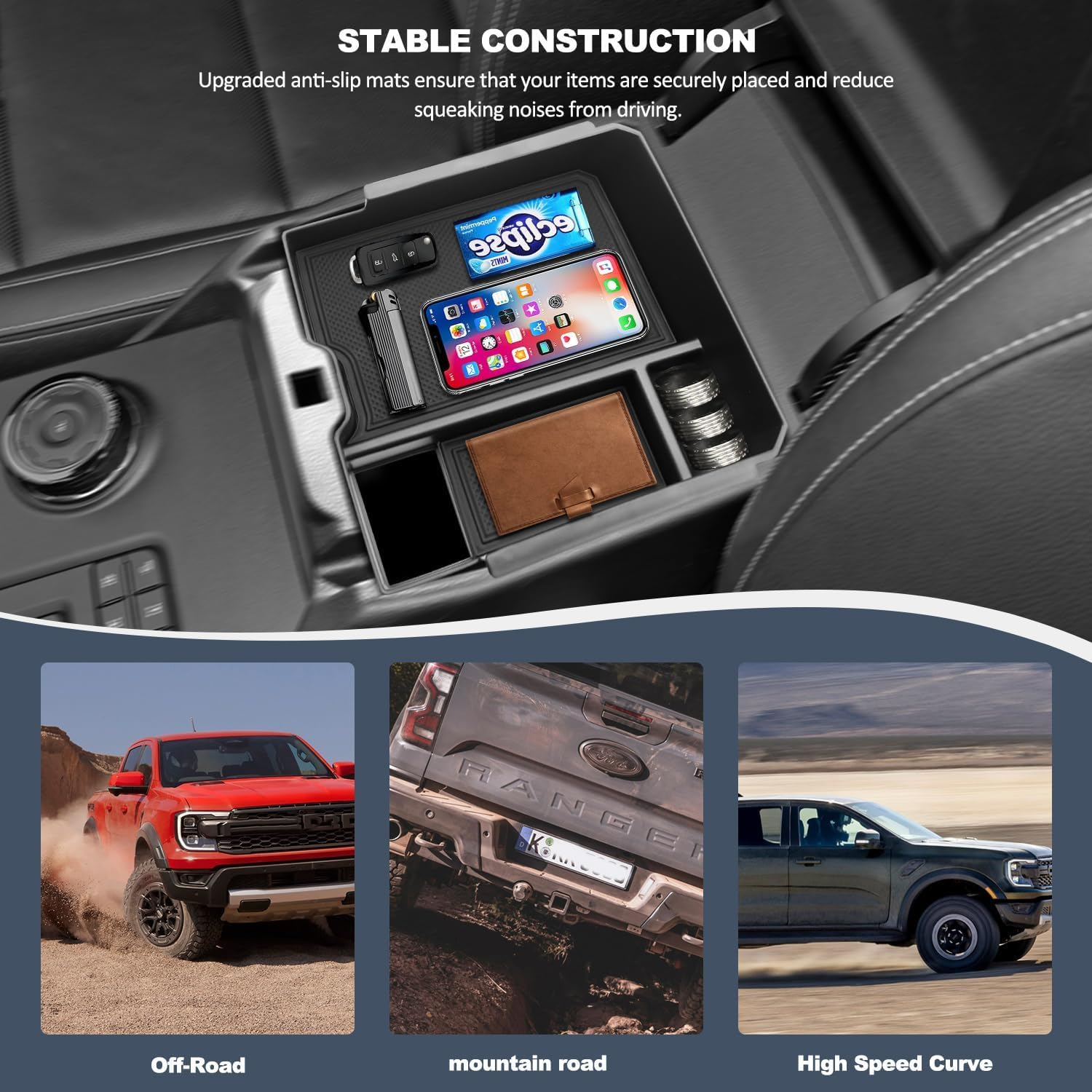 For 2024-2025 Ford Ranger Center Console Organizer, for 2024-2025 Ford Ranger Raptor Armrest Storage Box Insert Holder (Electric Handbrake Version) image number 5