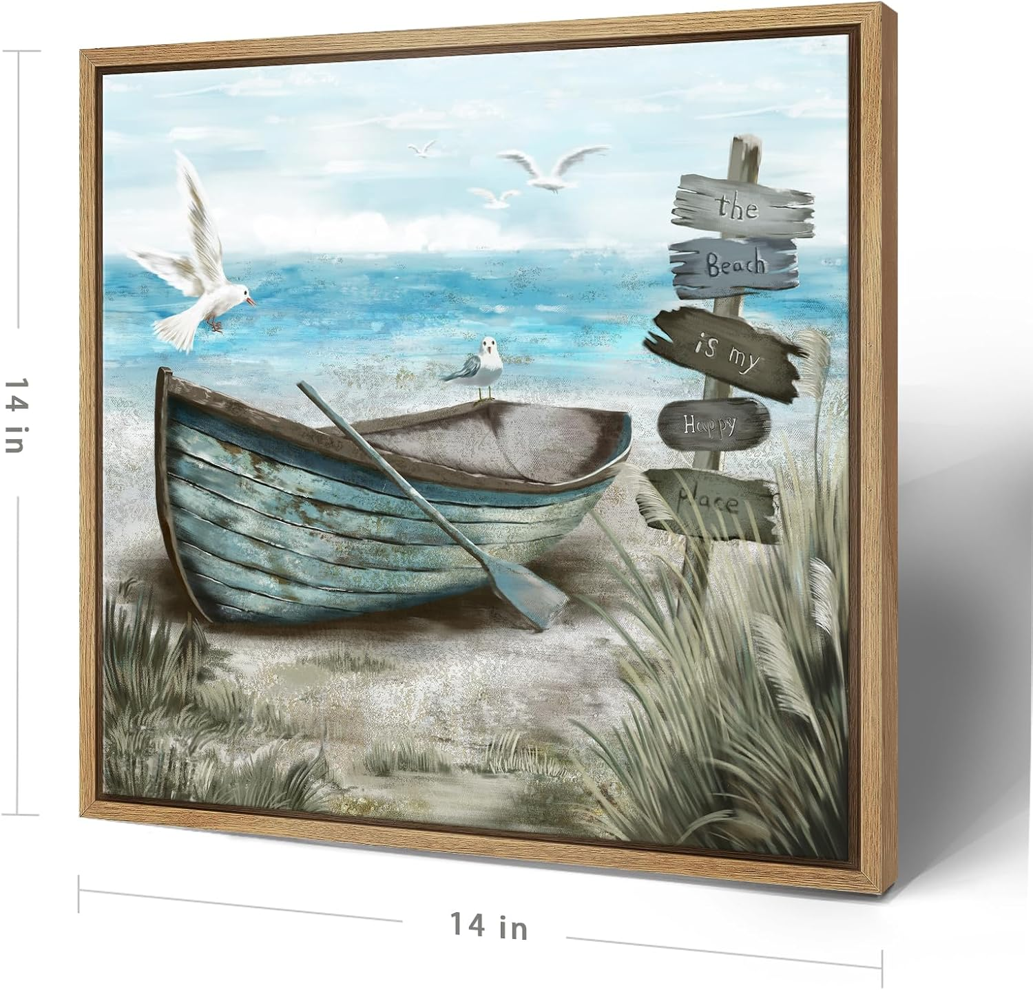 Framed Wall Art Beach D&eacute;cor Ocean Canvas Picture Coastal Artwork Sea Bird Boat Blue Tan Small Rustic Beachy Canvas Print for Bathroom Bedroom Living Room image number 6