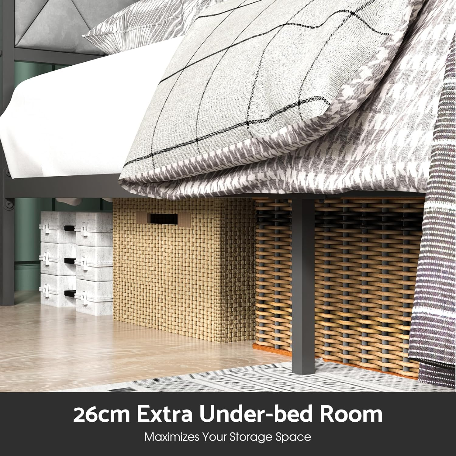 Ufurniture Bed Frame Queen Size Metal Frame Storage Headboard with Charging Station and USB Ports Retro (Queen) image number 4