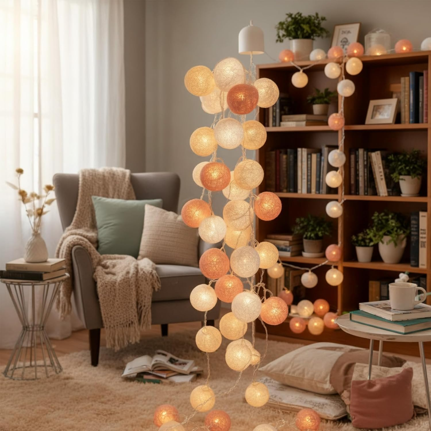 Alegre 3 M 20 LED Cotton Balls Fairy Lights Balls, 4 Cm Cotton Ball Fairy Lights Children'S Room Girls, Rose Gold Ball Fairy Lights Cotton Balls for Wedding, Room, Bedroom, Christmas Decoration image number 5
