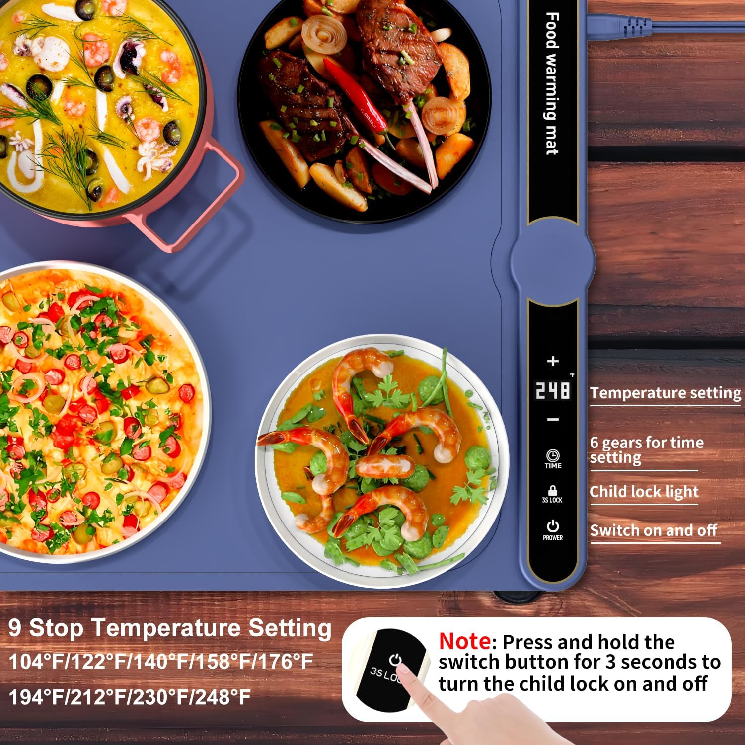 XXL Large Food Warming Mat,Electric Warming Tray with 9 Gear Temperature Controlled and 6 Gear Timed,Auto Shut-Off,8S Full Surface Heating,Rollable & Portable Heating Tray for Party (Blue, XXL)