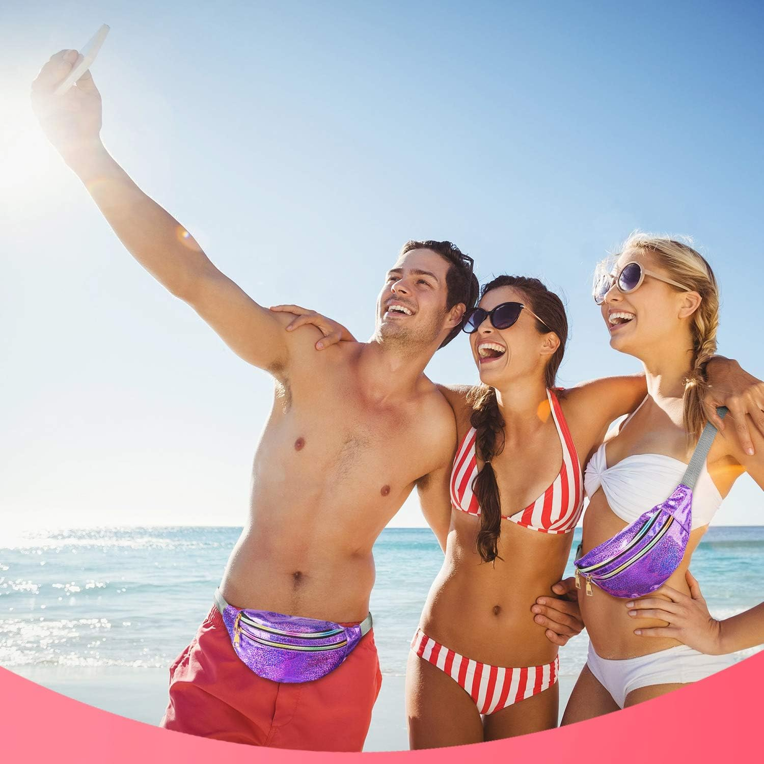 Fanny Pack Belt, Holographic Fanny Packs for Women, Men & Kids - Fashion Waterproof Waist Pack with 3 Pouches & Adjustable Strap - Shiny Causal Bags - Cute Bum Bag - Hip Sacks for Travel image number 2