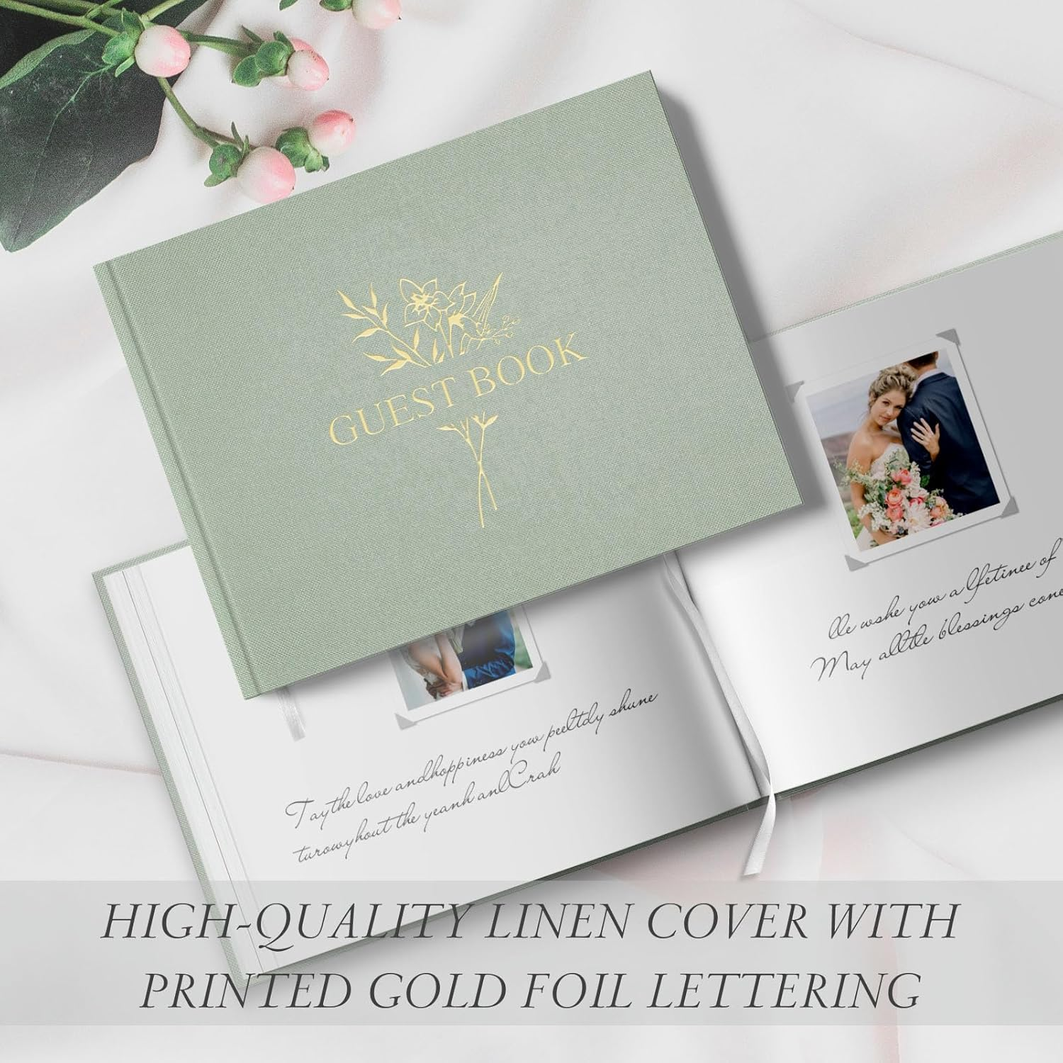 Wedding Guest Book for Memorial Service with 216 Photo Corners Stickers, Linen Guestbook to Sign at Bridal Shower or Wedding Reception Party,100 Pages, Blank Thick Paper Books for Baby Shower- Sage image number 3