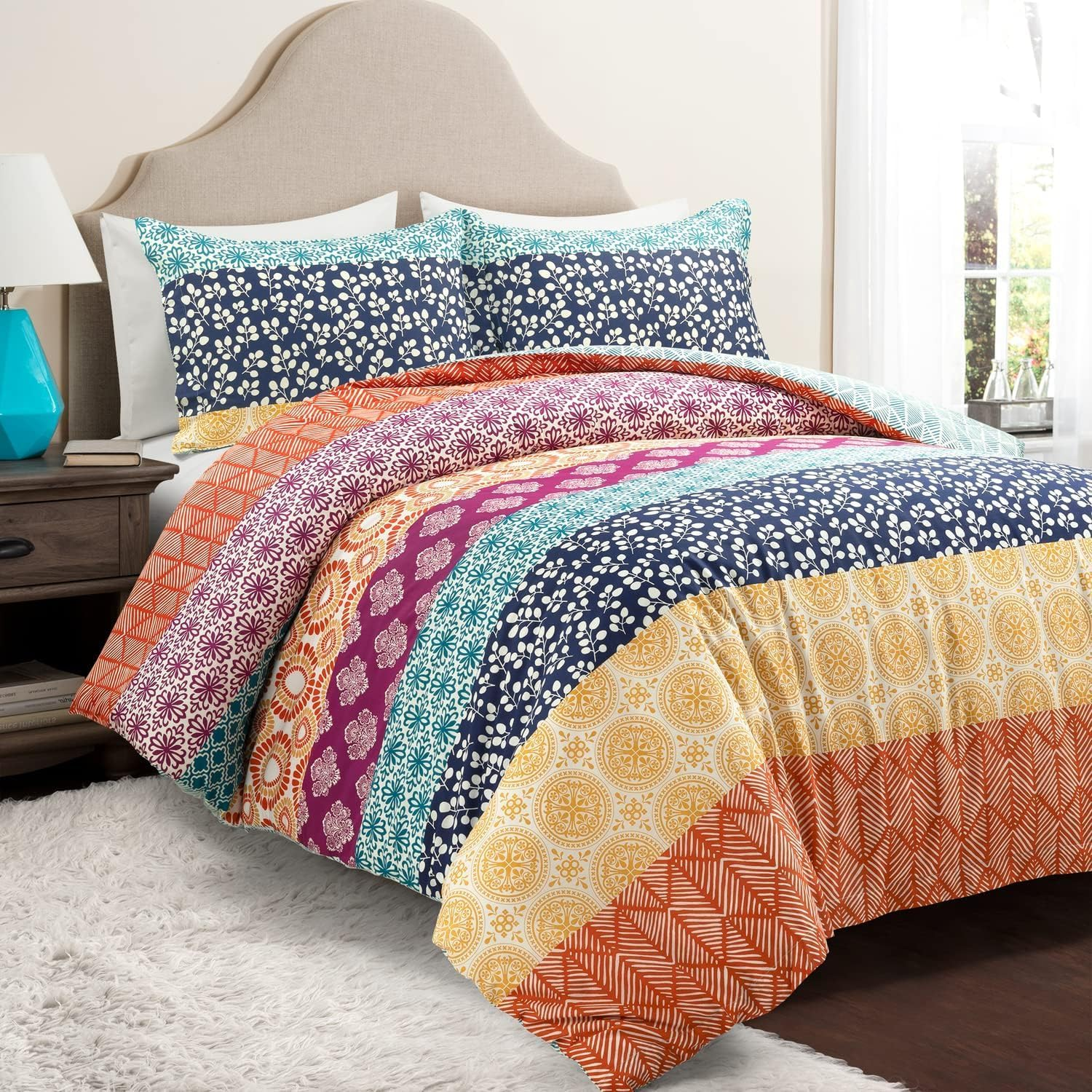 Lush Decor Bohemian Stripe Reversible Cotton Duvet Cover Set, 3 Piece Set, King, Fuchsia & Orange - Boho Bedding Set - Bold & Colorful - Striped Duvet Cover - Maximalist & Boho Bedroom Decor