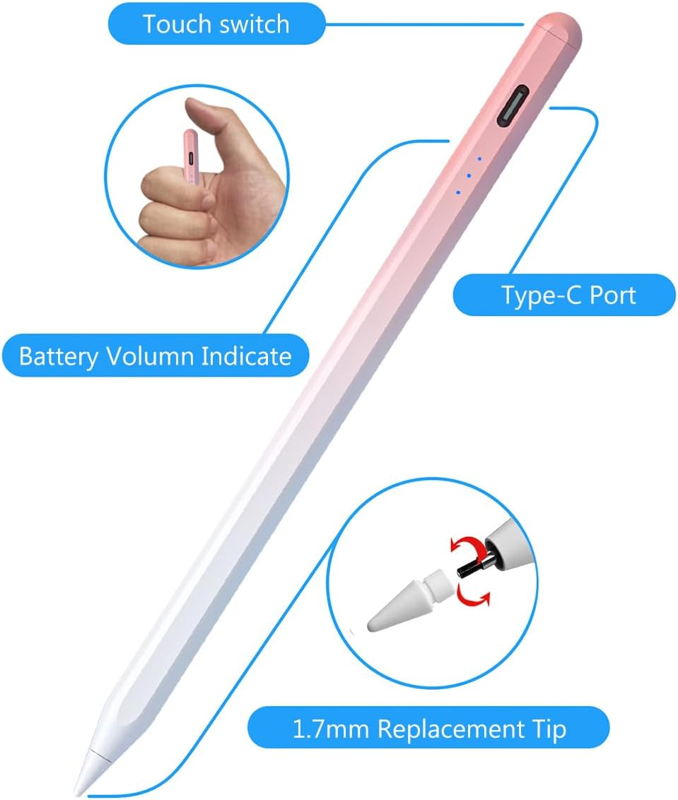 Active Stylus Pen Universal for Android/Ios Touch Screen Device, Upgraded Stylus Pen Rechargeable Stylus for Samsung/Ipad/Lenovo Tablet [Magnetic] [Touch Switch] [3 LED Indicator] (Pink)