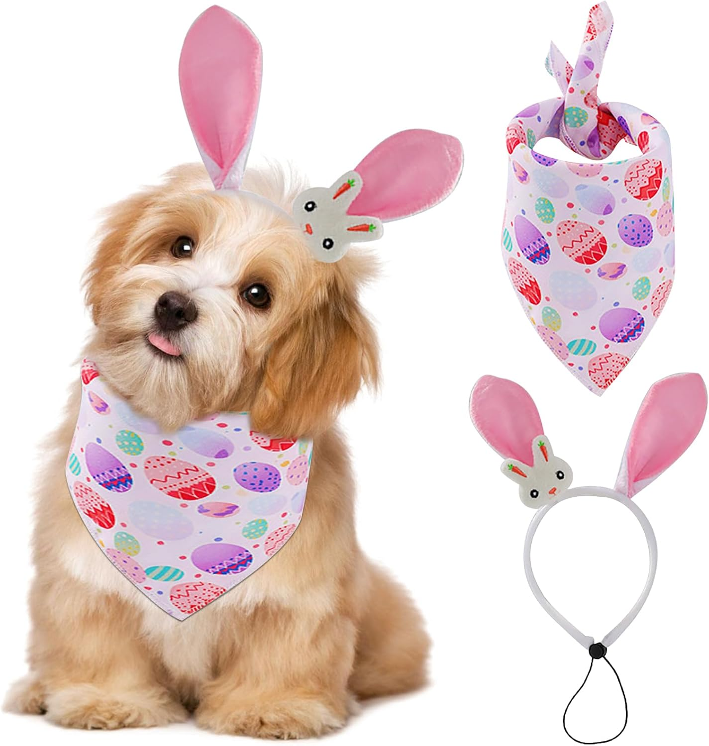 Durdiiy Dog Ear Headband+Easter Dog Bandanas, Cute Bunny/Carrot Ear Hairband+Easter Egg Pattern Easter Dog Scarf Triangle Bibs Pet Kerchief Bandana,Easter Party Puppy Headwear Supplies for Dog Cat (B) image number 1