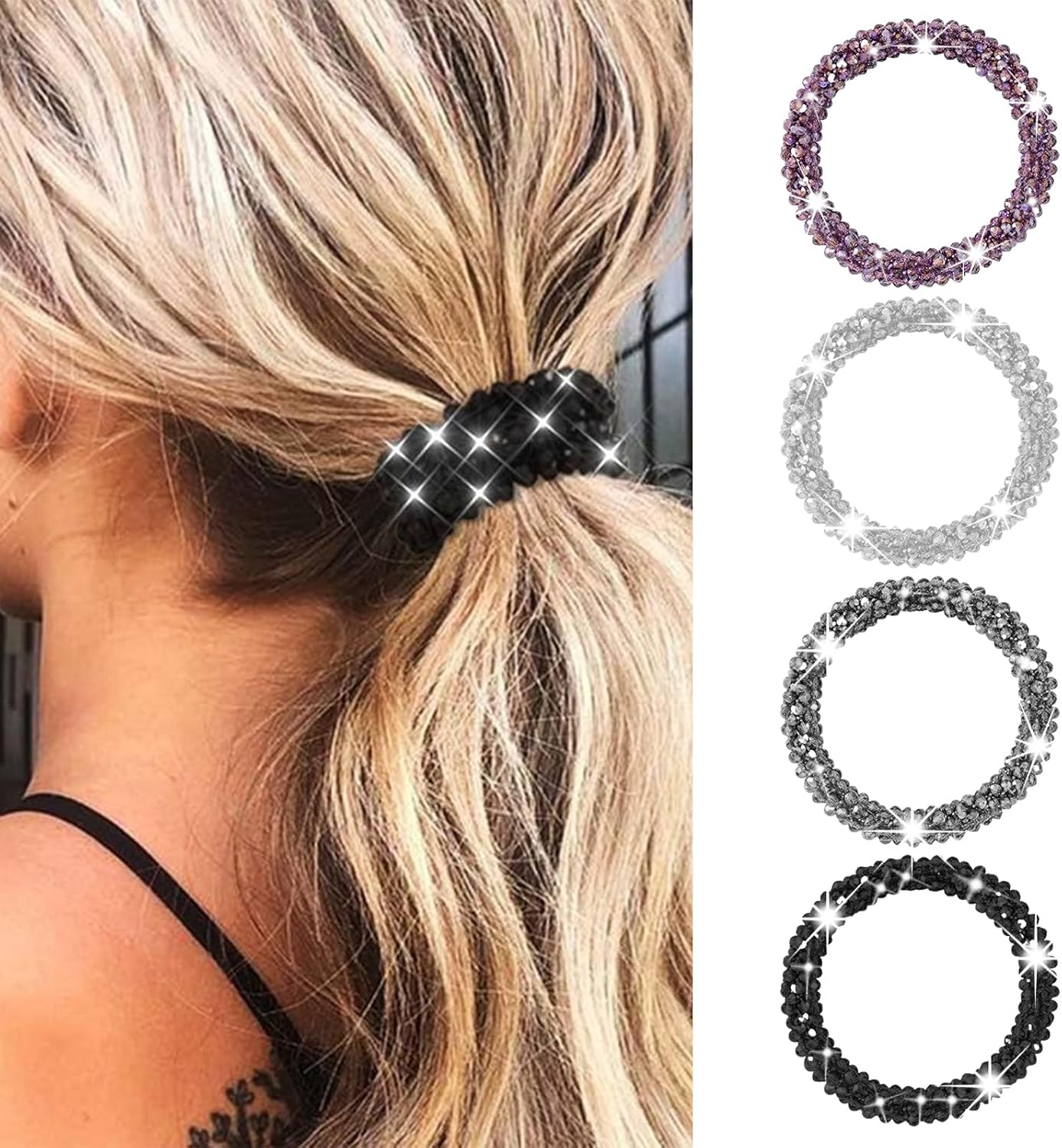Charmburst Set of 4 Rhinestone Hair Bobbles Elastic Ponytail Holder Glitter Crystal Hair Accessories Beads Set Hair Bands Women and Girls image number 1