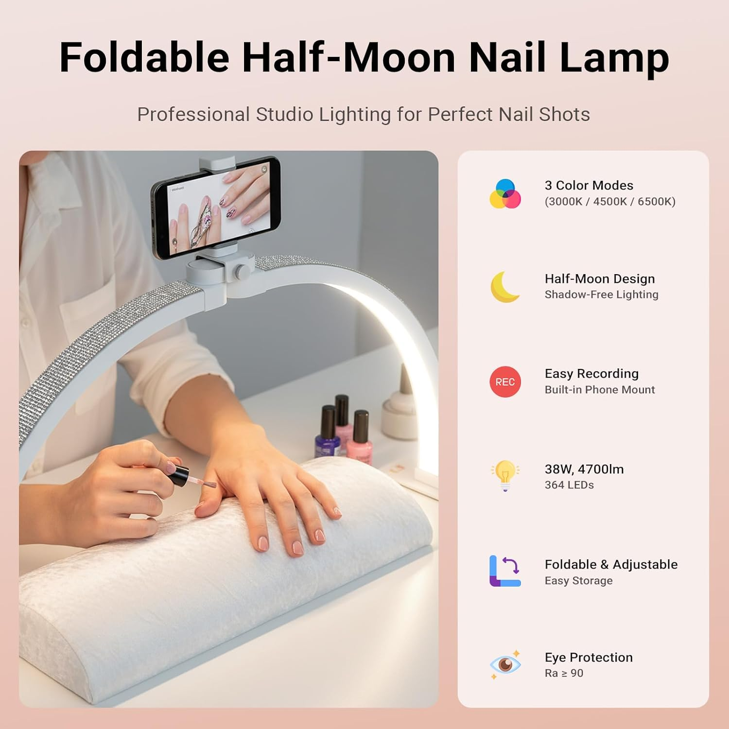 LIWEGHT 29 Inch Half Moon Light for Nail Desk, 4800LM 3 Color Temperature (3000K-6500K) 9 Brightness Dimmable, Foldable Nail Table Lamp for Manicure Eyelash Extensions Tattoo Skincare, White image number 2