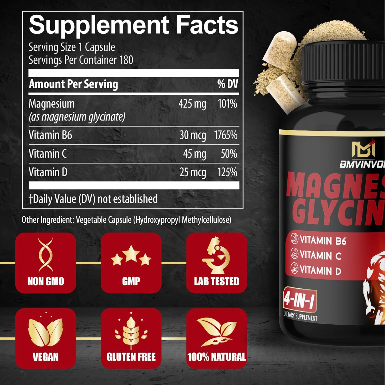 Magnesium Glycinate with Vitamin.B6, Vitamin C, Vitamin.D - 6 Months Supply - 180 Count