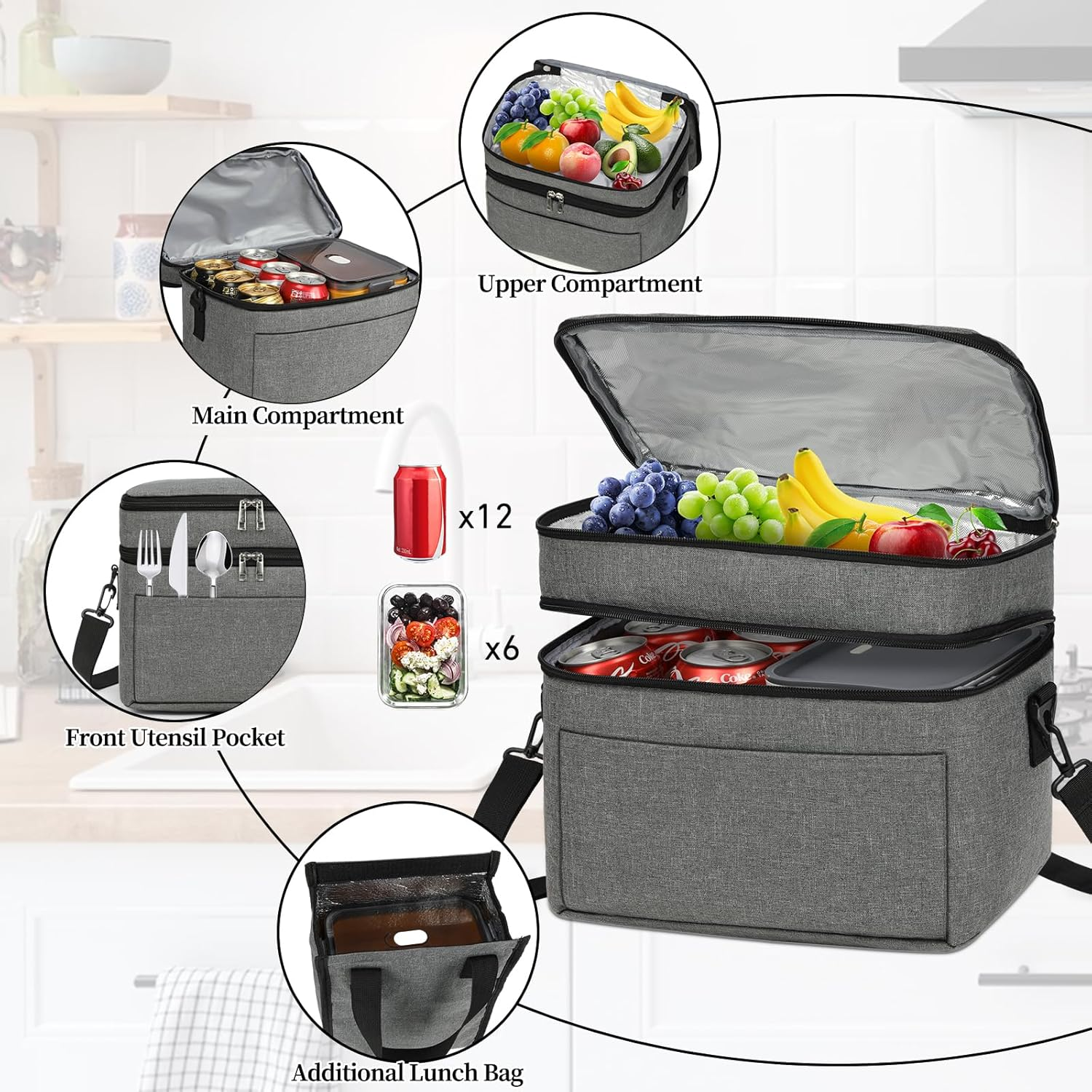 Lubardy 2PCS Lunch Bag, Insulated Lunch Bag, Waterproof Reusable Lunch Bag with Removable Adjustable Shoulder Strap,Lunch Box for Men Women,For Outdoor, Picnic, Work,Grey image number 3