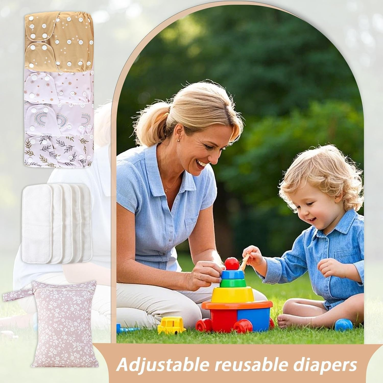 Reusable Cloth Diapers - Adjustable Washable Baby Diapers, 4X Leakproof Covers | Breathable Absorbent Liners, Includes 4 Inserts & 1 Wet Bag, Stain-Resistant Nappy for Infant Potty Training image number 3
