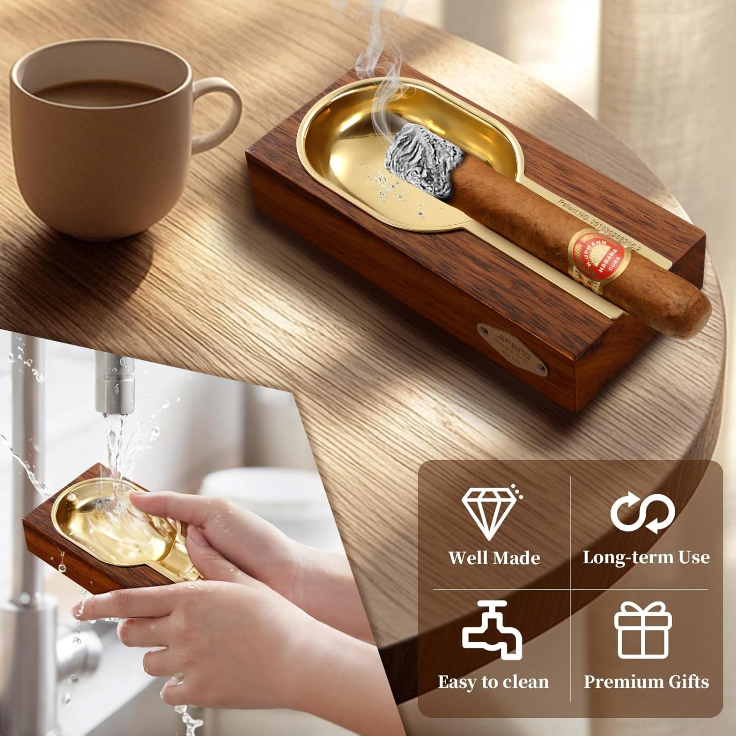 Cigar Ashtray, Wooden & Stainless Steel Slot for Single Cigars, Large Cigar Holder for Household or Outdoors Use (Brown) image number 4