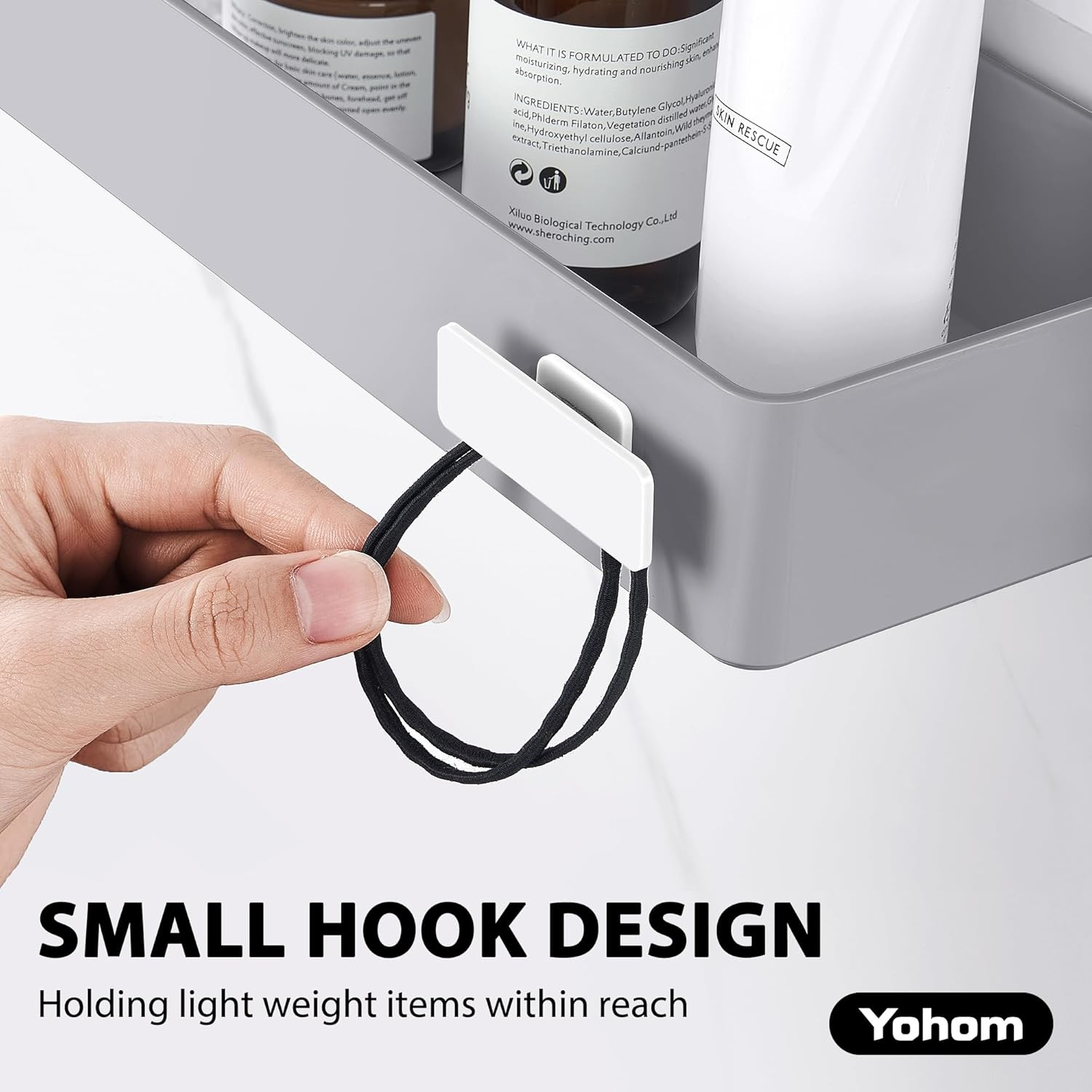 YOHOM Shower Caddy Adhesive Bathroom Shelf for Tile Wall Stick on Shower Shelf No Drilling White Shampoo Holder Organizer with Hook, Gray image number 4