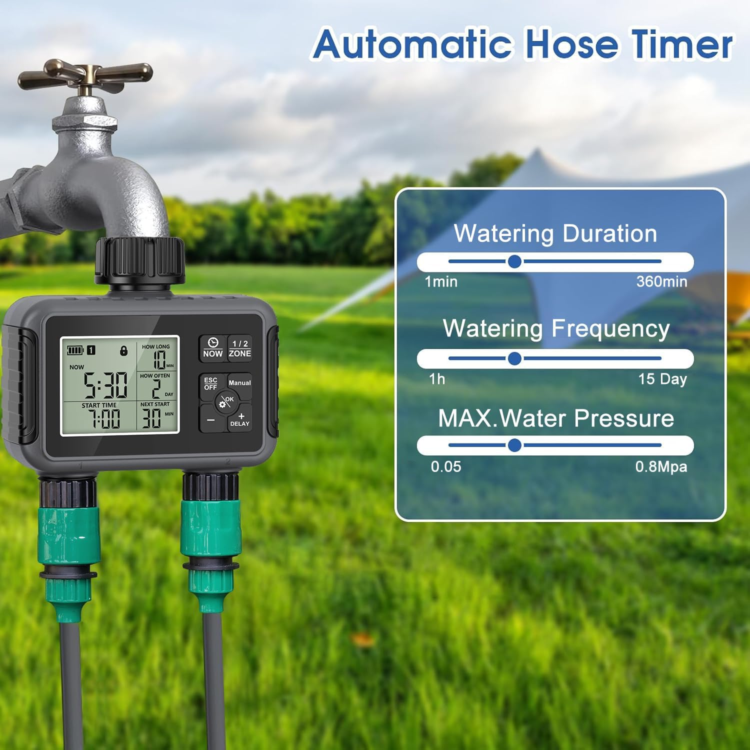 Sprinkler Water Timer 2 Outlet, Drip Irrigation System Sprinkler Controller, Rain Delay/Manual/Automatic, Hose Timer for Garden, Lawn, Yard, Pool image number 1