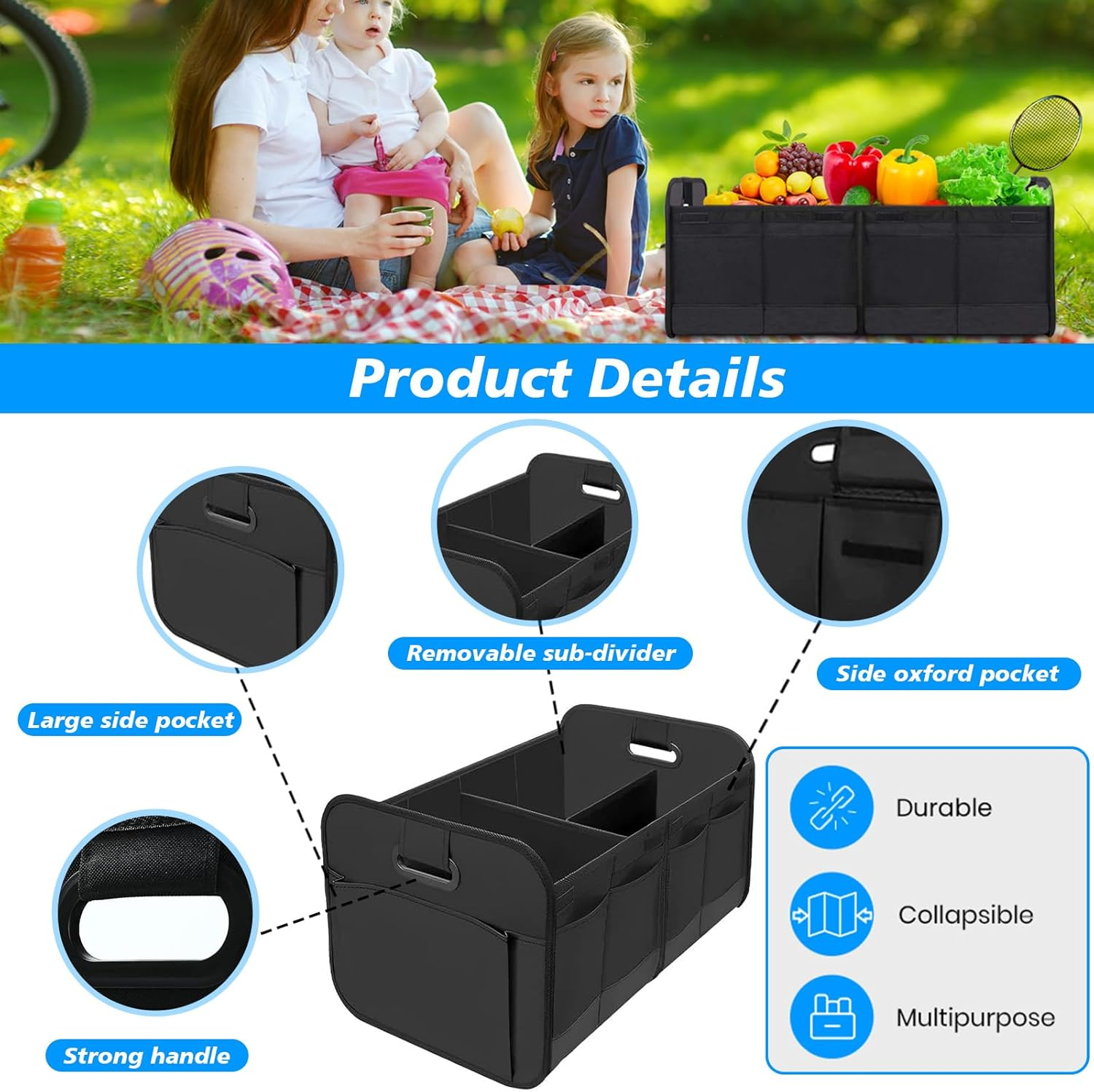 Car Trunk Organizer for SUV, RV & ORV, Super Capacity Collapsible Vehicle Boot Storage Bag with Adjustable Compartments, Reinforced Handles Design, Trunk Tidy Cargo Organizer for Storage (1PCS) image number 4