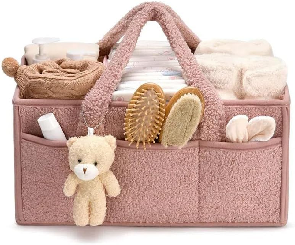 Baby Nappy Caddy Portable Storage Basket for Diapers and Wipes,Car Caddy Organizer,Nursery Diaper Organizer (Light Pink)