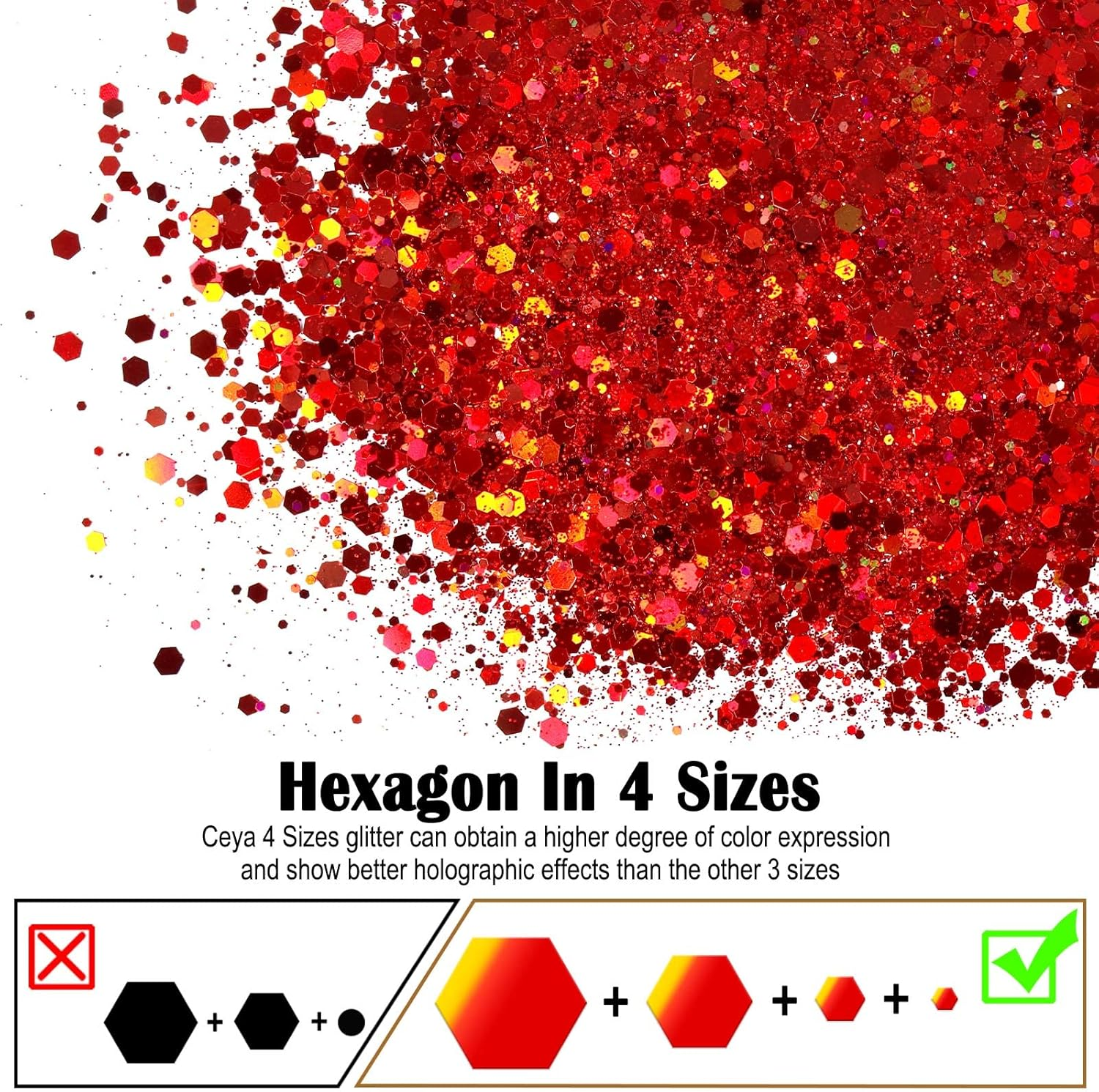 Ceya Holographic Chunky Glitter, 1 LB/ 16OZ Laser Red Bulk Craft Glitter Mixed Chunky Fine Glitter Bottled Metallic Flake Nail Sequins for Resin, Tumblers, Scrapbooking, Festival Decor, Art Project image number 3