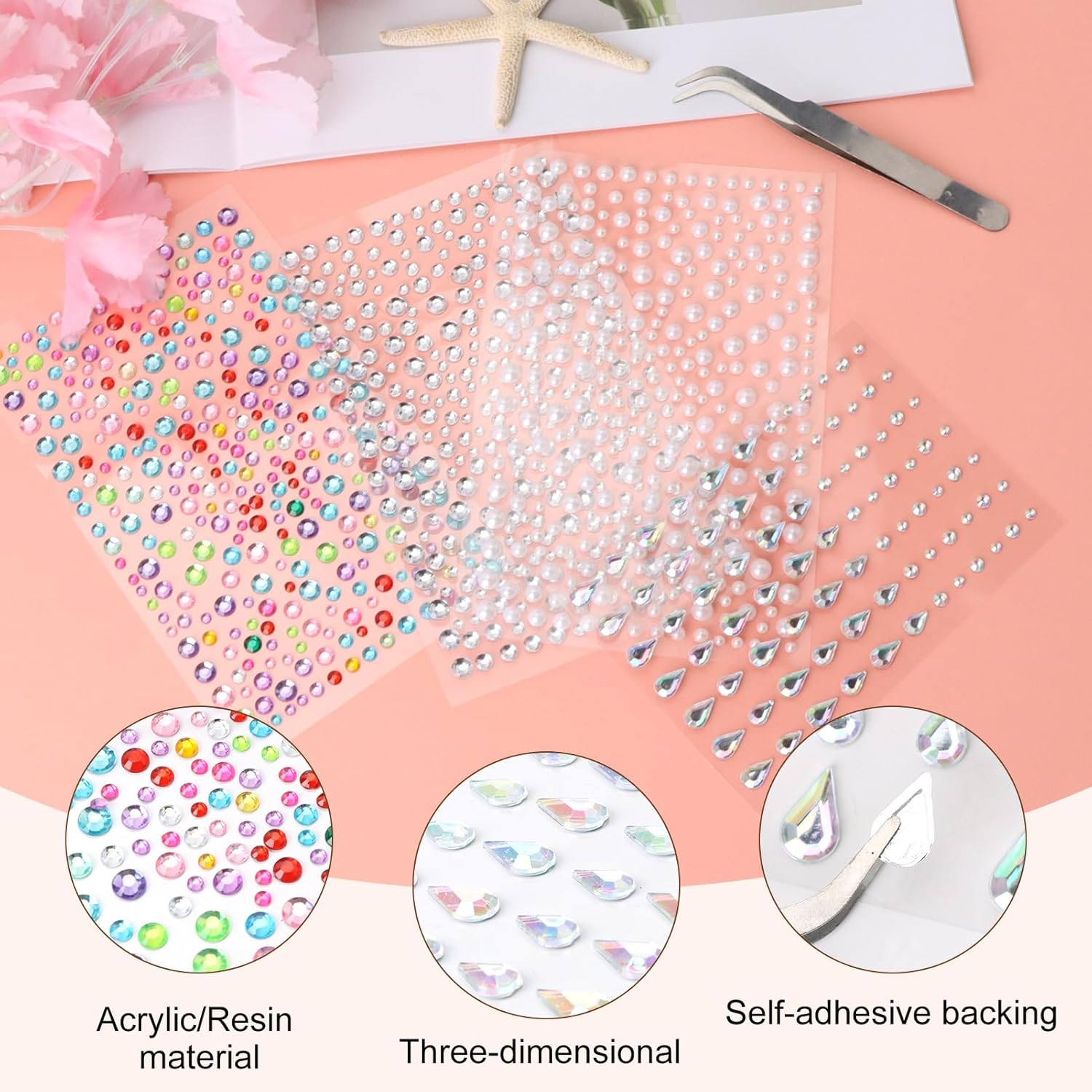 1000+ Self-Adhesive Face & Body Gems with Tweezer - Waterproof Rhinestone Stickers for Makeup, Festival, Nail Art & Crafts | Includes Pearls, Drops & Multi-Size Rhinestones + Precision Tool (4 Sheets) image number 2
