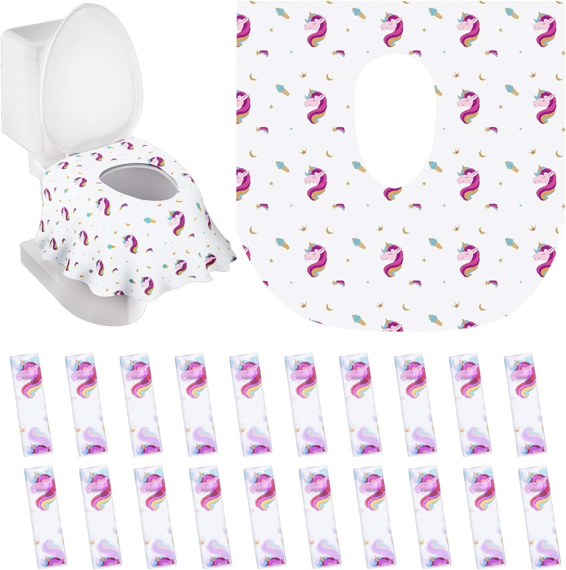 Paperkiddo 20 Pack Disposable Toilet Seat Covers Pink Unicorn Design Waterproof Potty Training Seat Cover Set Extra Large Perfect for Kids and Adults Individually Wrapped for Travel and Home
