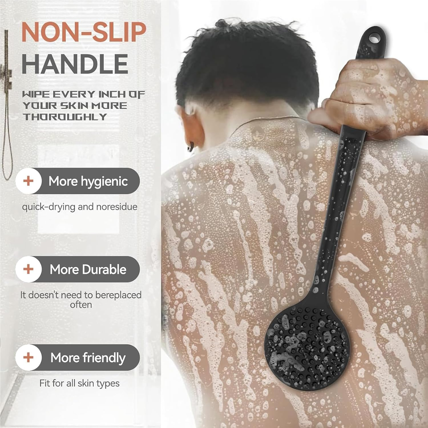 3 in 1 Silicone Body Scrubber Set &ndash; Double-Sided Shower Brush with Long Anti-Slip Handle, Rich Lather Bath Brush with Hook for Men & Women (Black) image number 3