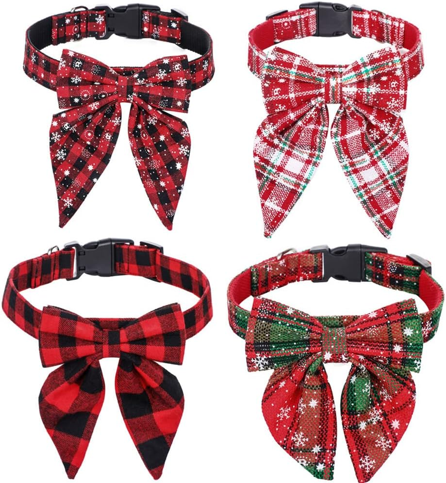 FUNAT Christmas Dog Collar with Removable Bow Tie, Large Dog Collar, Red, Green Plaid, Polyester, Buckle Closure, Large Dog Breed, Dog Collar