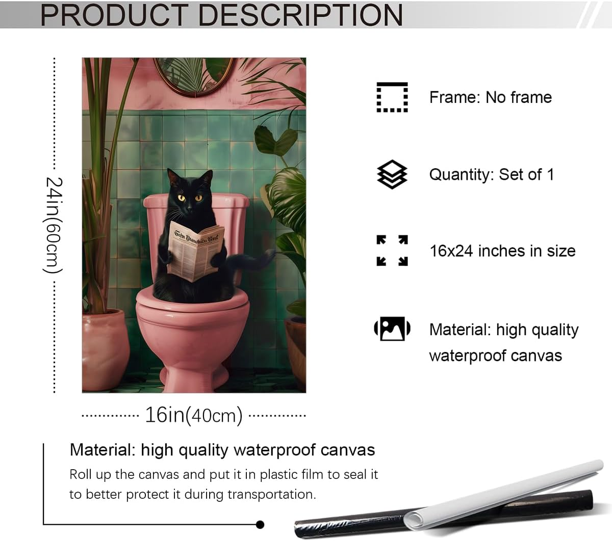 Funky Pink Canvas Wall Art - Black Cat Reading Newspaper on Toilet Poster, Funny Cat Pooping, Green Botanical Plant Animal Bathroom Print, 16X24In Unframed image number 2