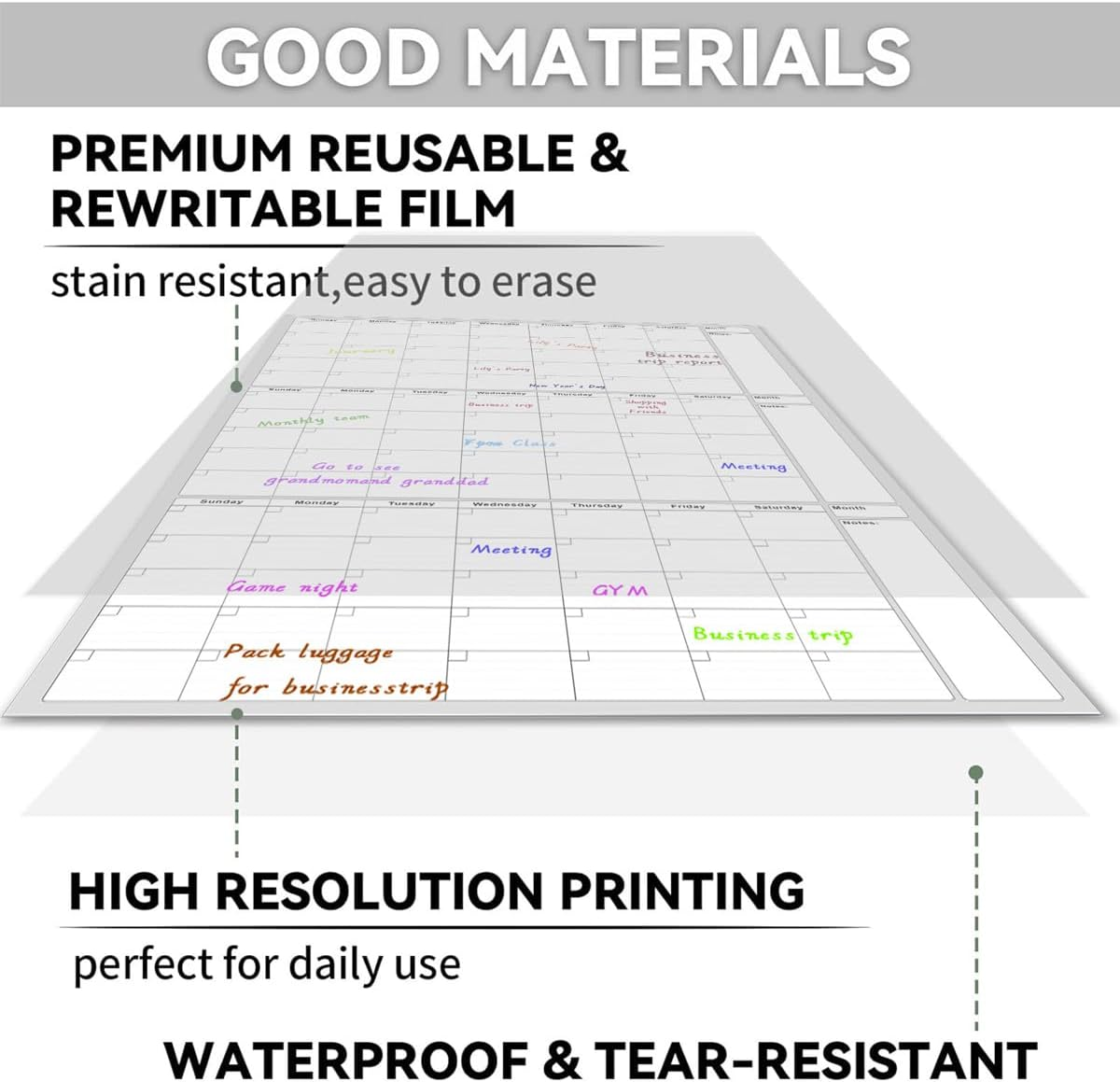 Haakhui Undated 3 Month Dry Erase Wall Calendar Large Monthly Planner with Notes Section, 48" X 32",Waterproof and Stain-Resistant,Good for Home, Office, Classroom, Blank Reusable Calendar Planner image number 5