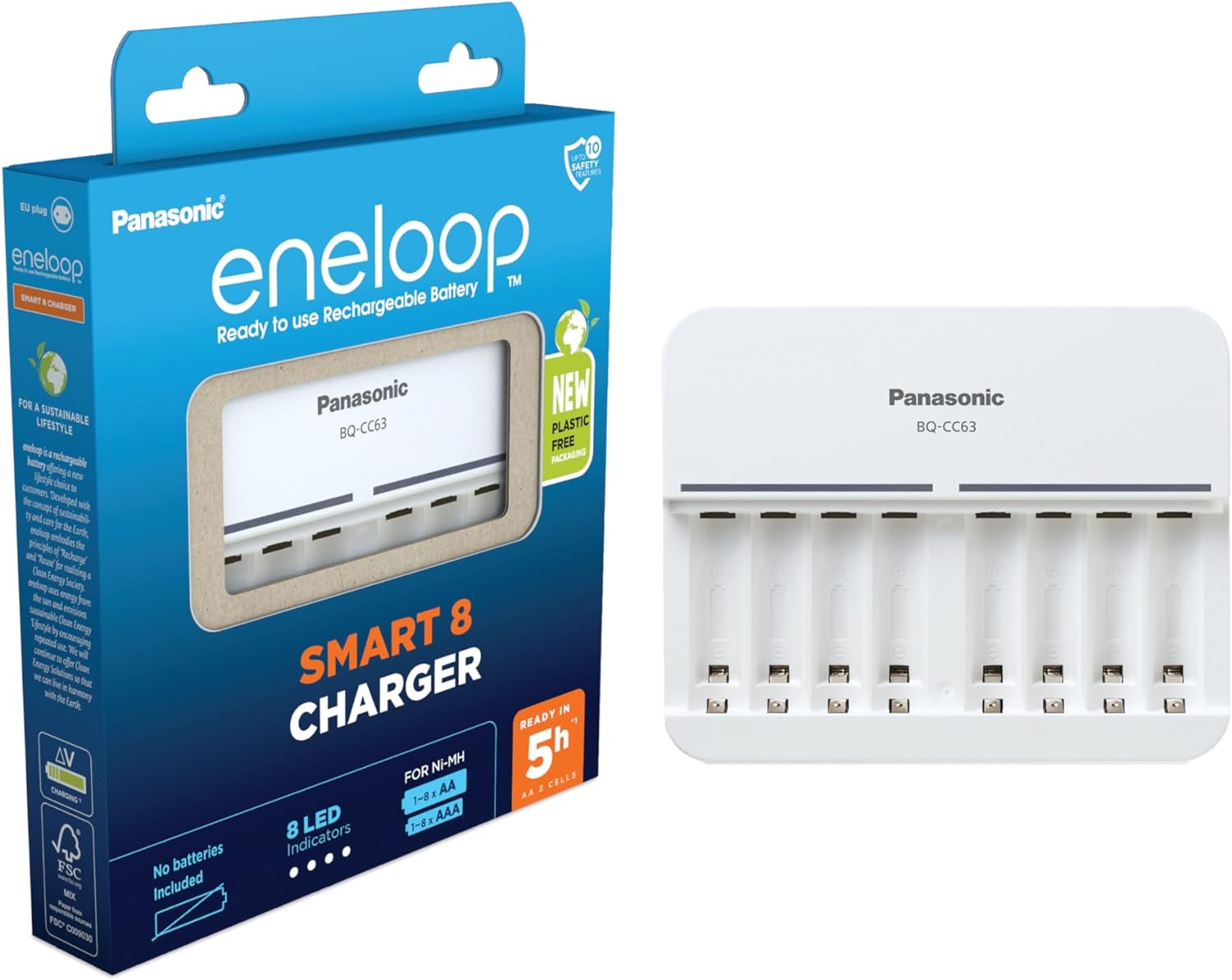 Panasonic Eneloop Smart 8 Battery Charger for 1-8 AA/AAA NI-MH Batteries with 8 LED Indicators and 9 Security Functions - Blue (BQ-CC63)